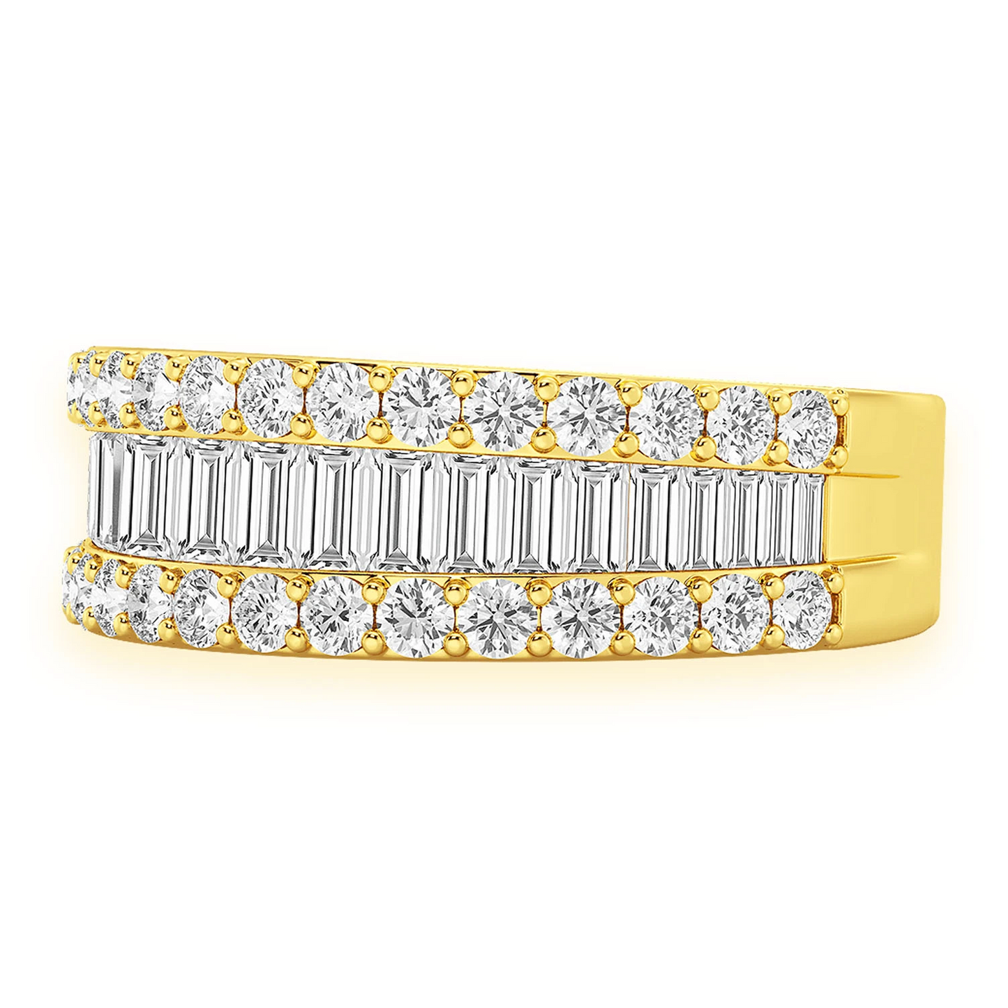 Baguette & Round Border Diamond Ring in 14K yellow gold, side view