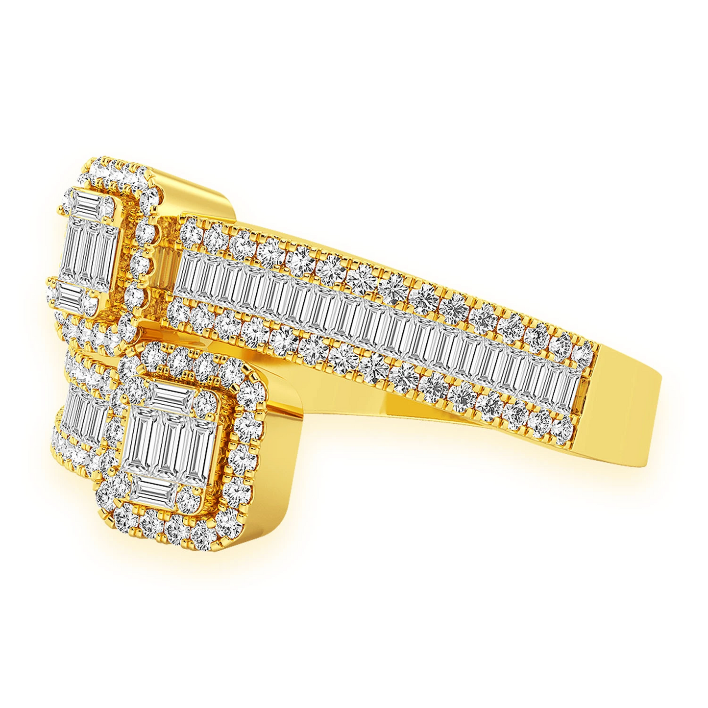 Border Baguette Crossover Diamond Ring in 14K yellow gold, side view