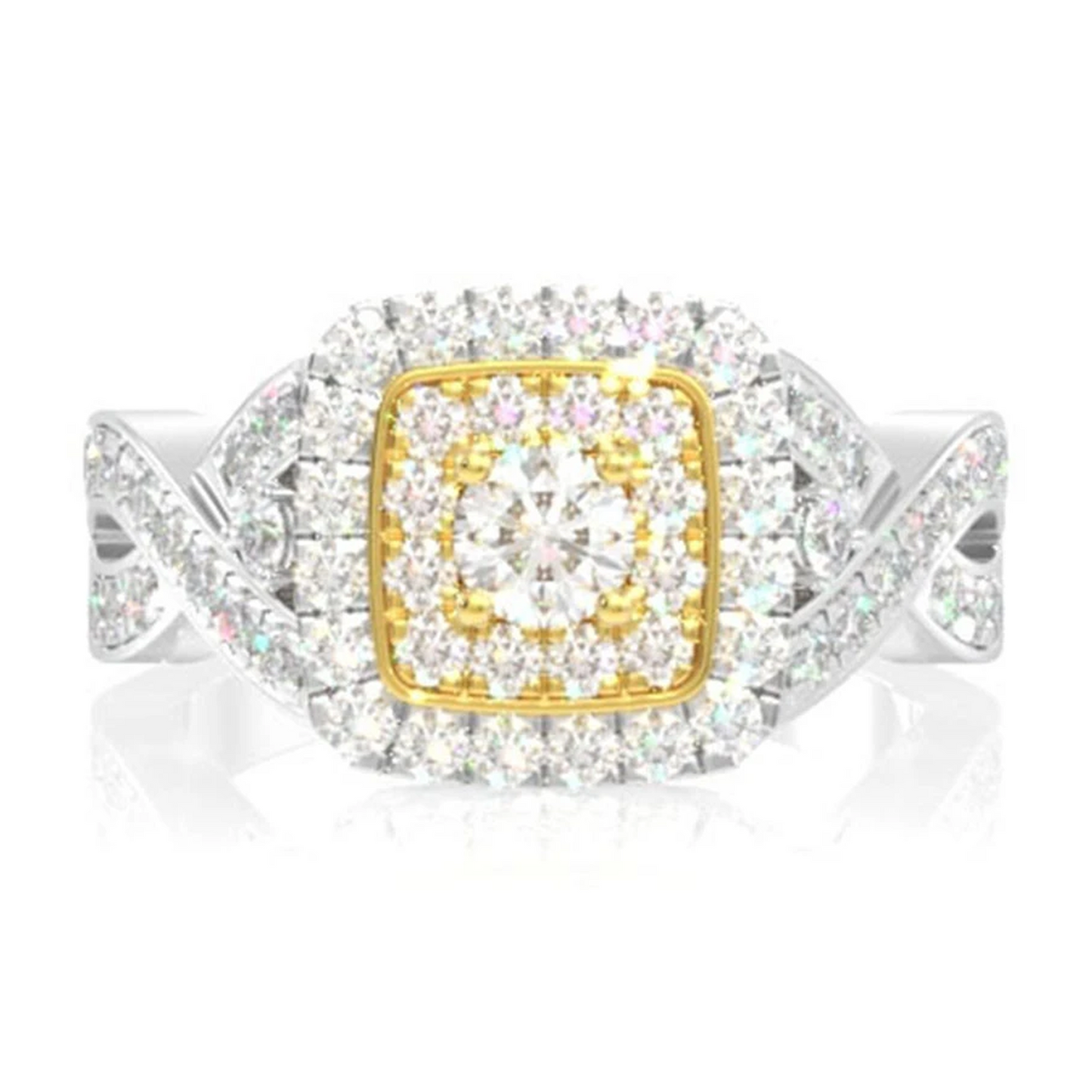 Twisted Shank Double Square Halo Ring in two-tone 14k gold, front view