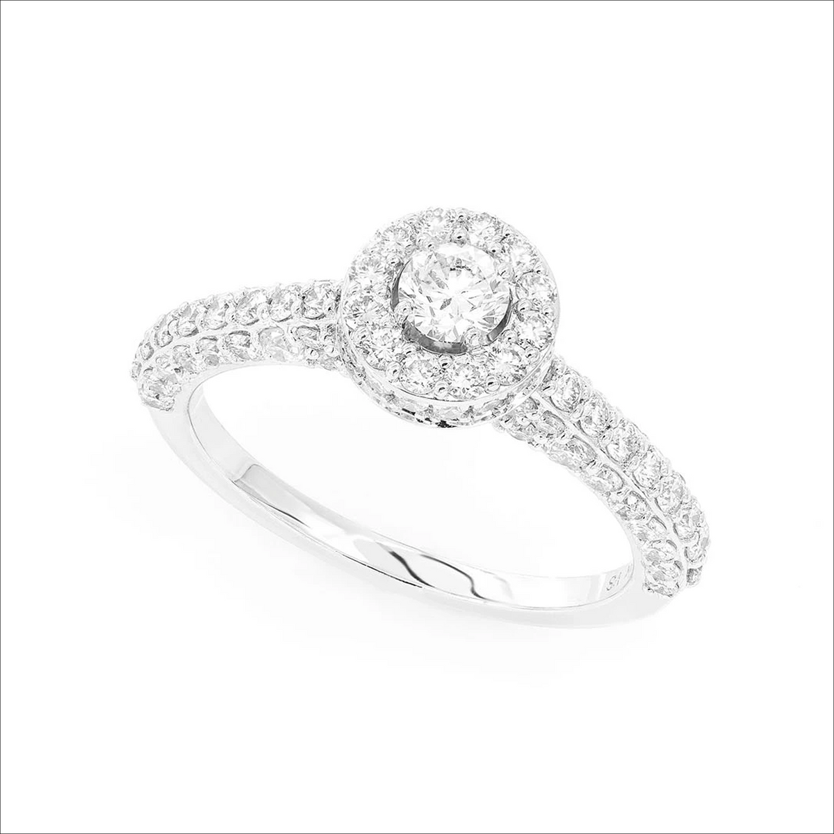 Halo and pave engagement ring in 14K white gold, angled view