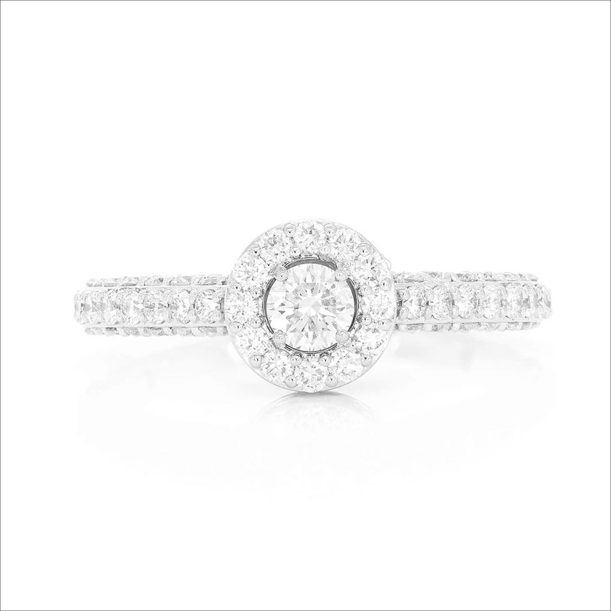 Halo and pave engagement ring in 14K white gold, front view