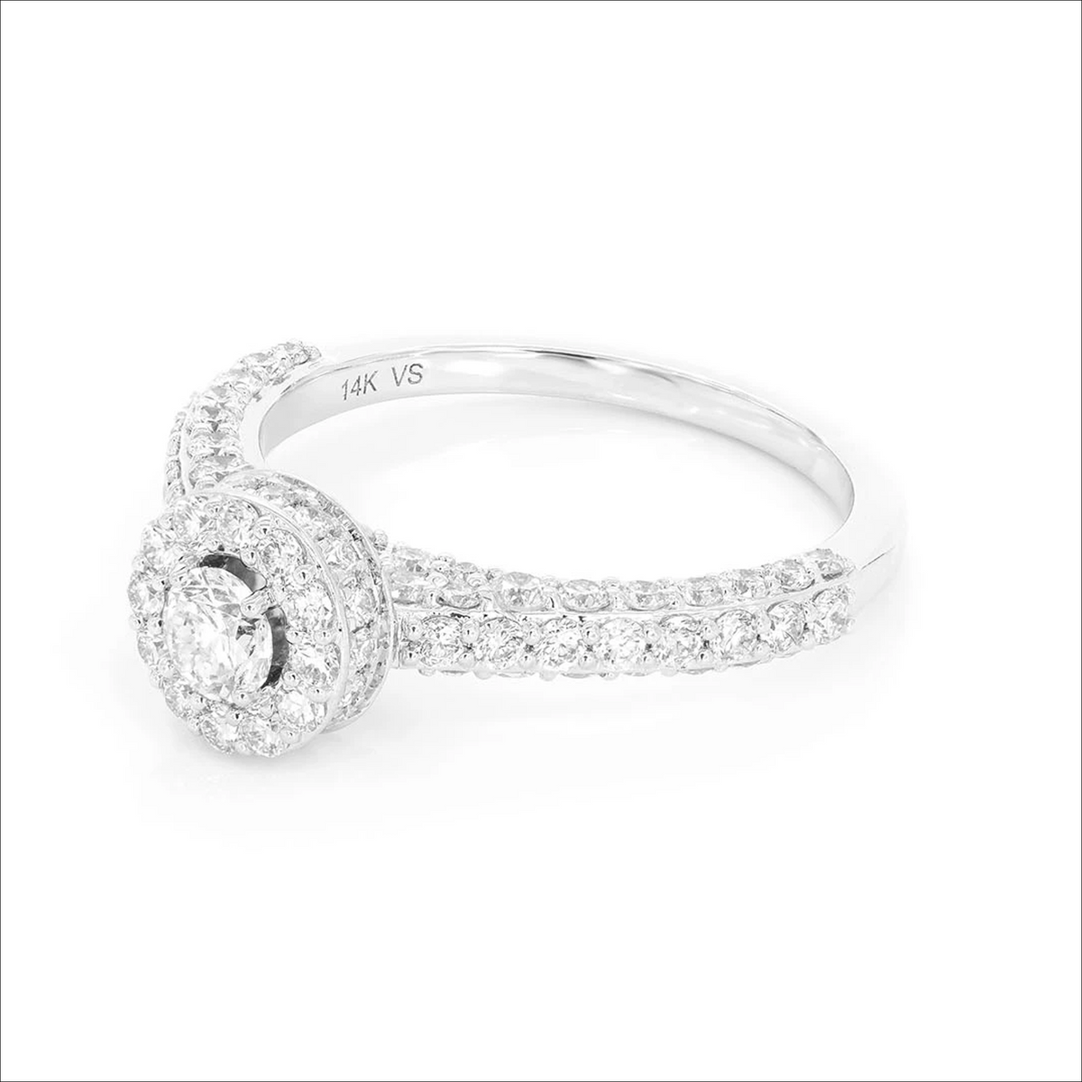 Halo and pave engagement ring in 14K white gold, side view