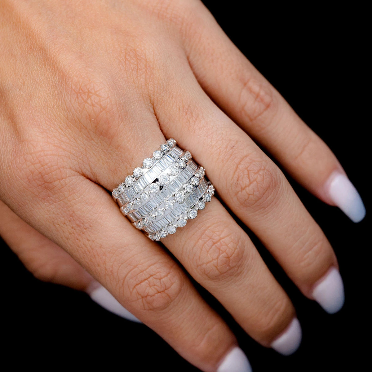 Three Row Baguette Dome Ring 14k in white gold, worn on hand