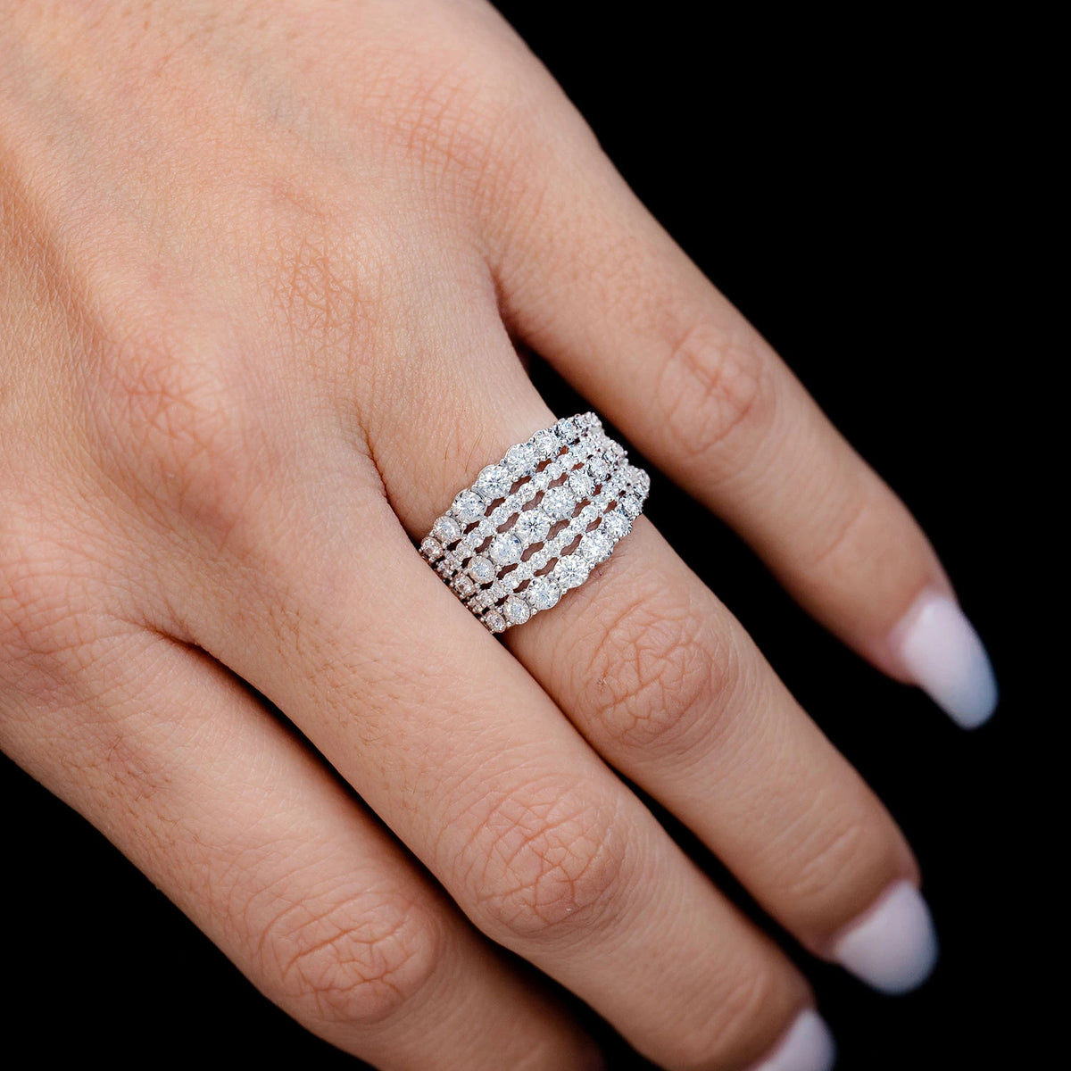 Graduated 5 Row Ring 14k in white gold, worn on hand