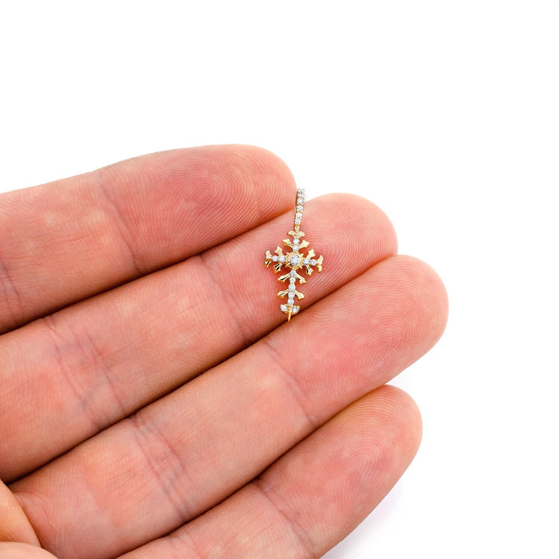 Filigree Diamond Cross Pendant in 14K yellow gold, Signature | 0.10ctw, worn view