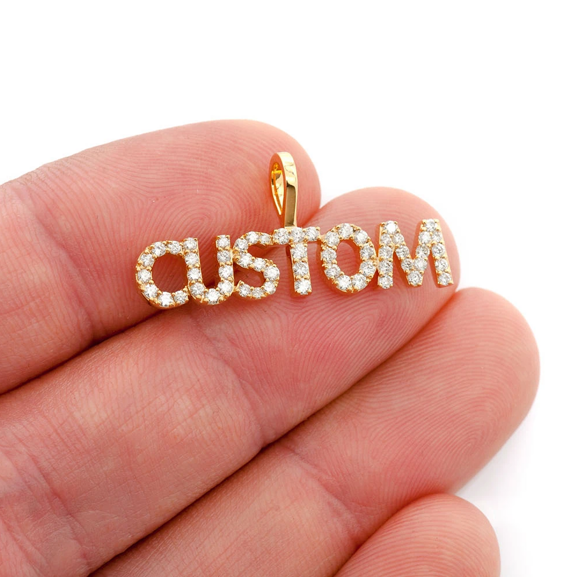 Mini Custom Diamond Nameplate Pendant in 14K yellow gold, worn view