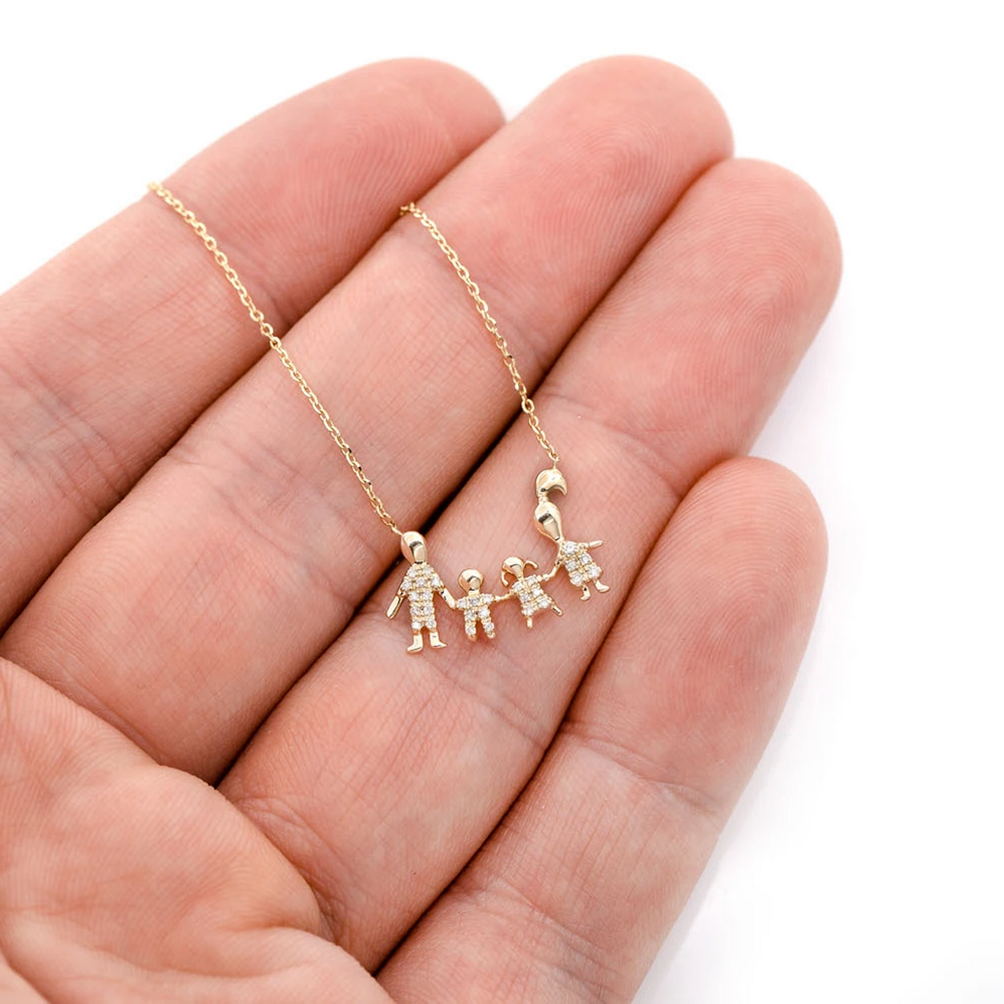 Family of Four Diamond Necklace in 14K yellow gold, worn view