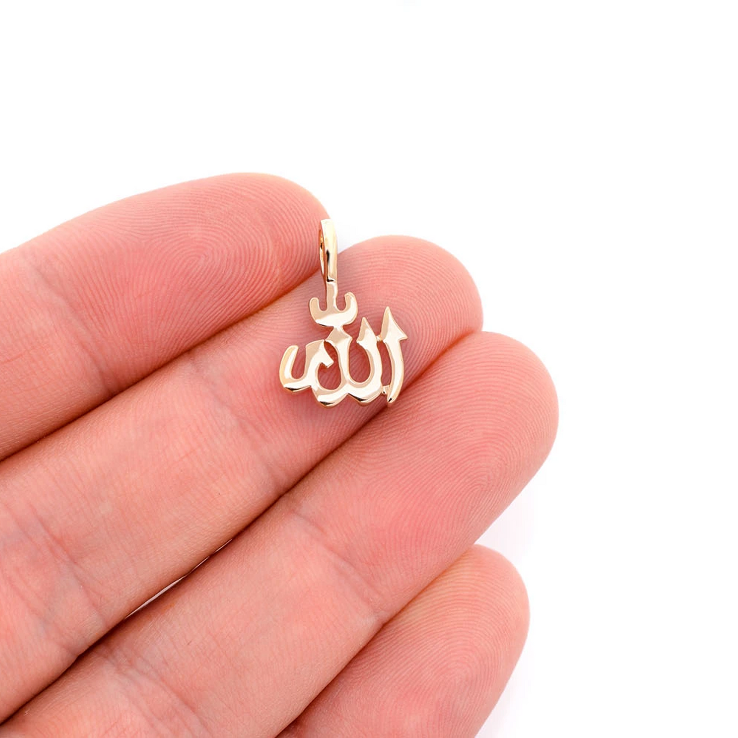 Allah Arabic Mini Pendant in 14K yellow gold, Pure | Solid Gold, worn view