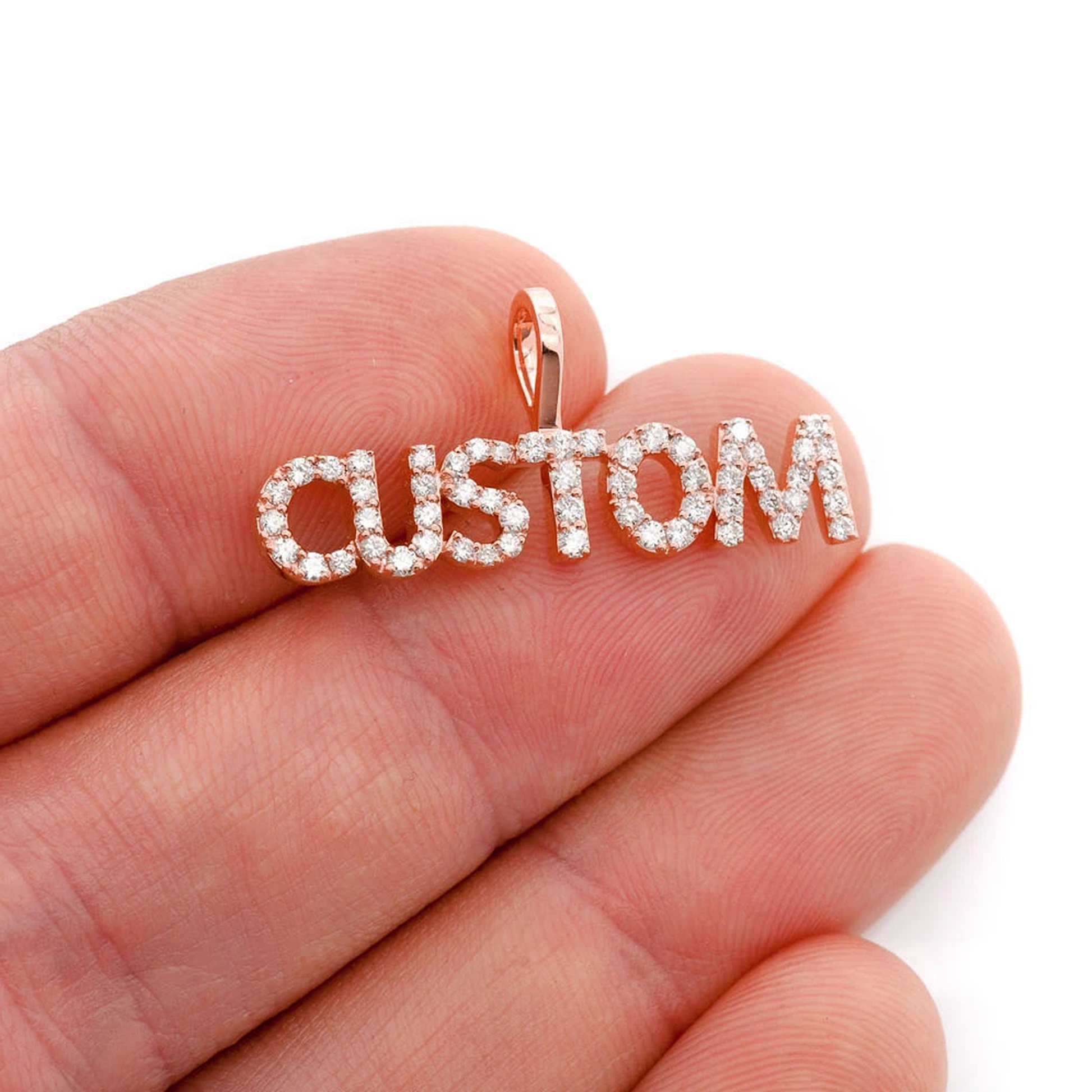 Mini Custom Diamond Nameplate Pendant in 14K rose gold, worn view
