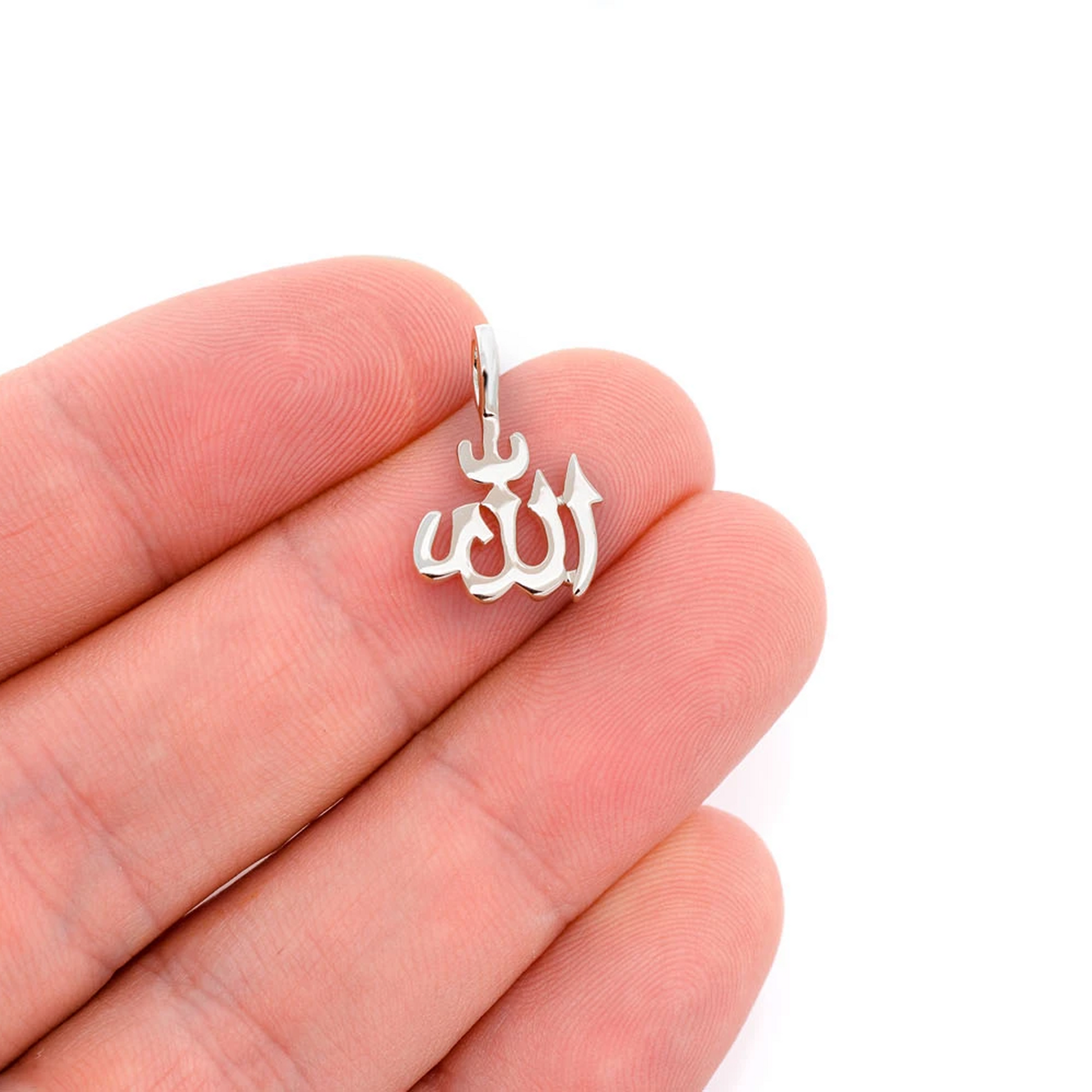 Allah Arabic Mini Pendant in 14K white gold, Pure | Solid Gold, worn view
