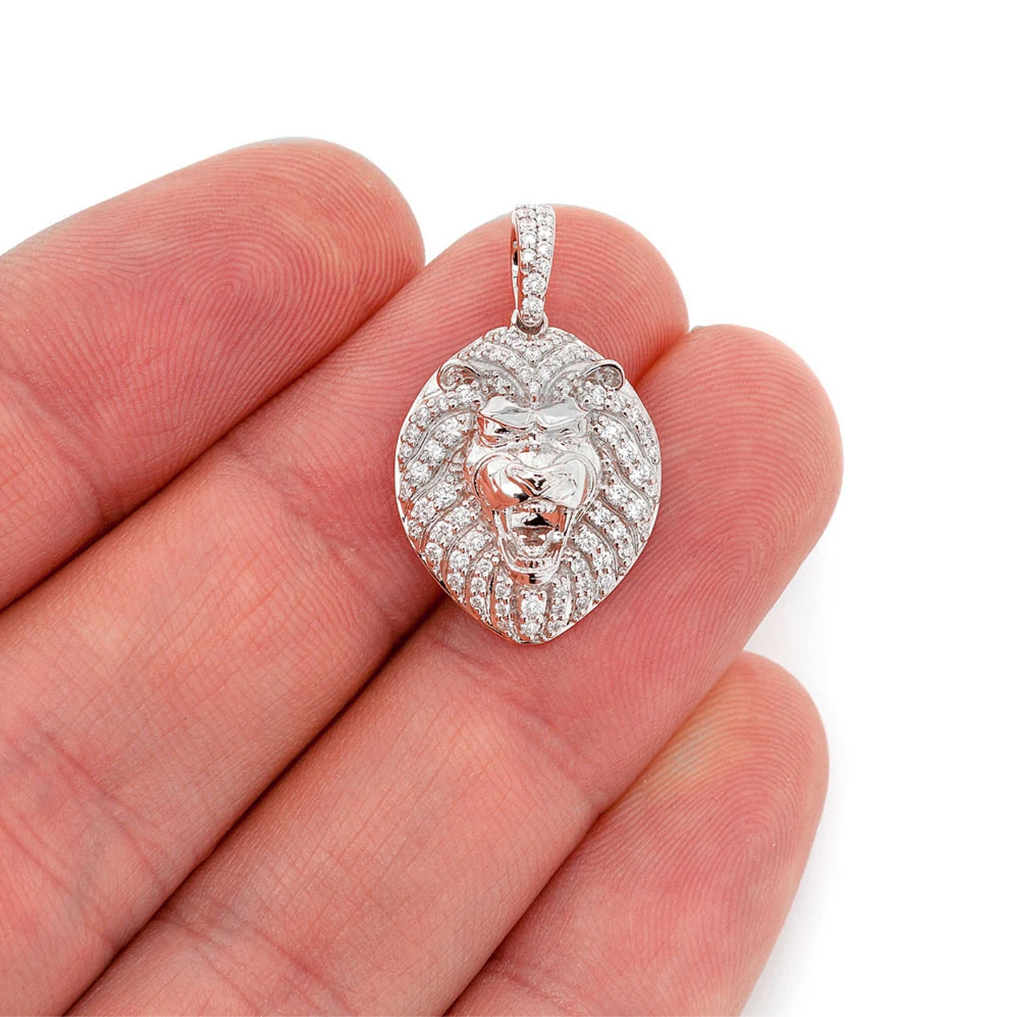 Lion Head Diamond Pendant in 14K white gold, Set | 0.50ctw, worn view