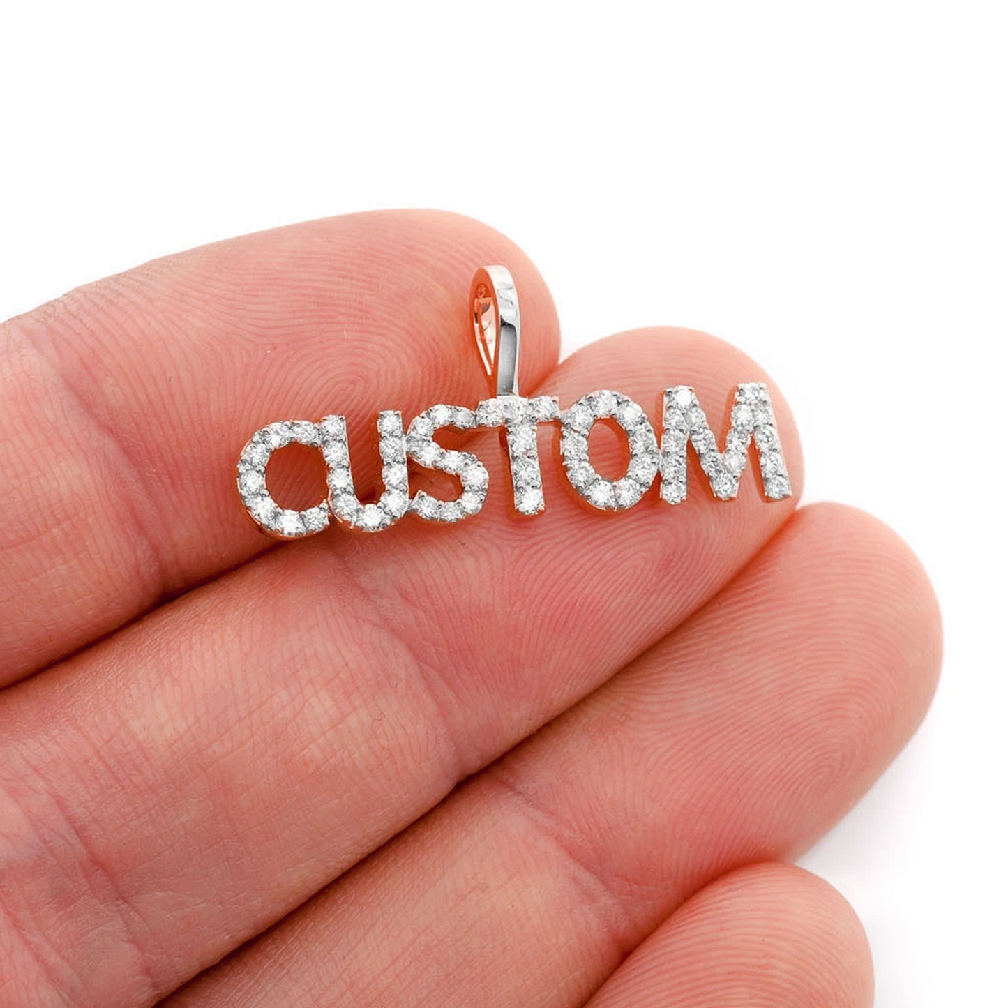 Mini Custom Diamond Nameplate Pendant in 14K white gold, worn view
