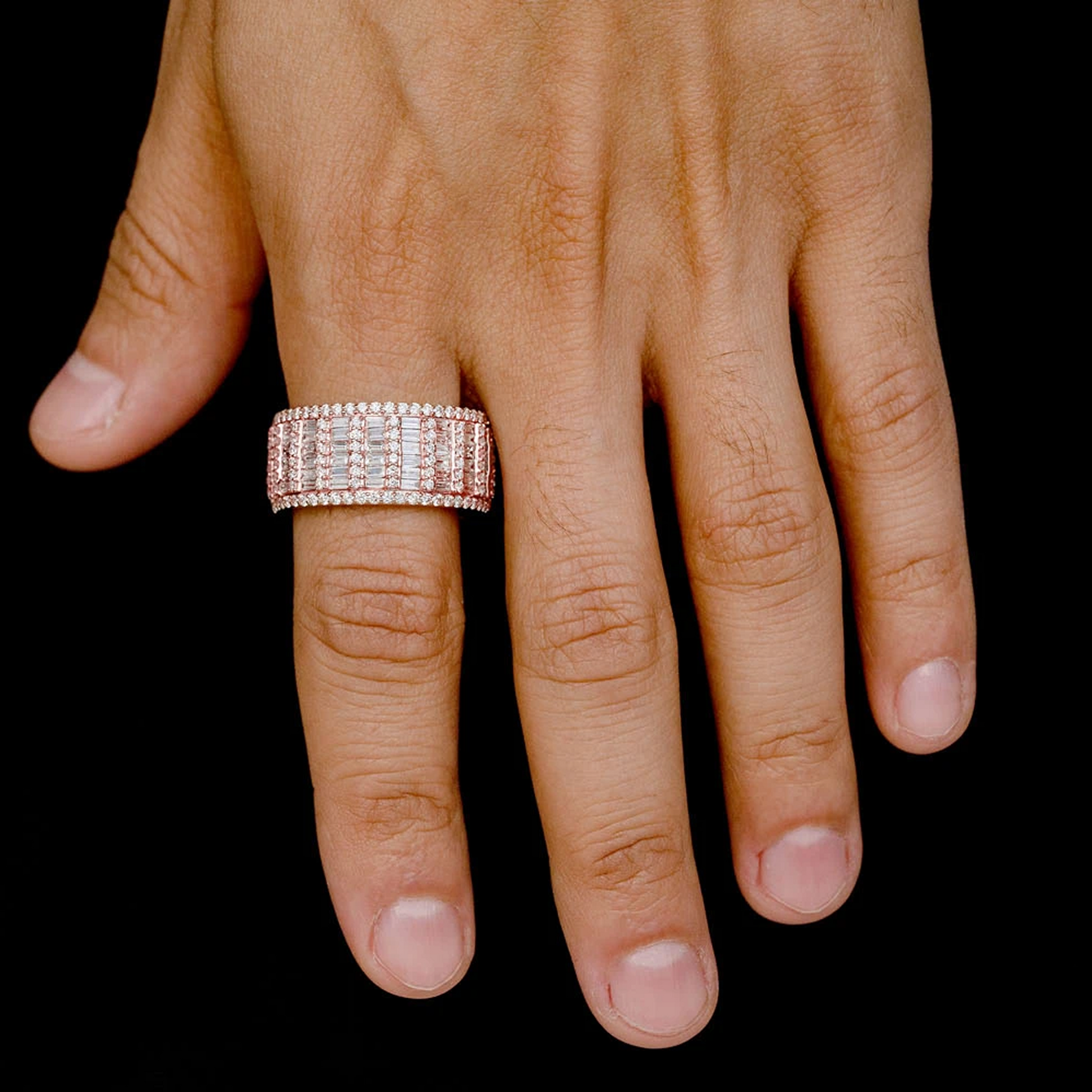 Super Baguette & Round Diamond Band Ring in 14K rose gold, worn view