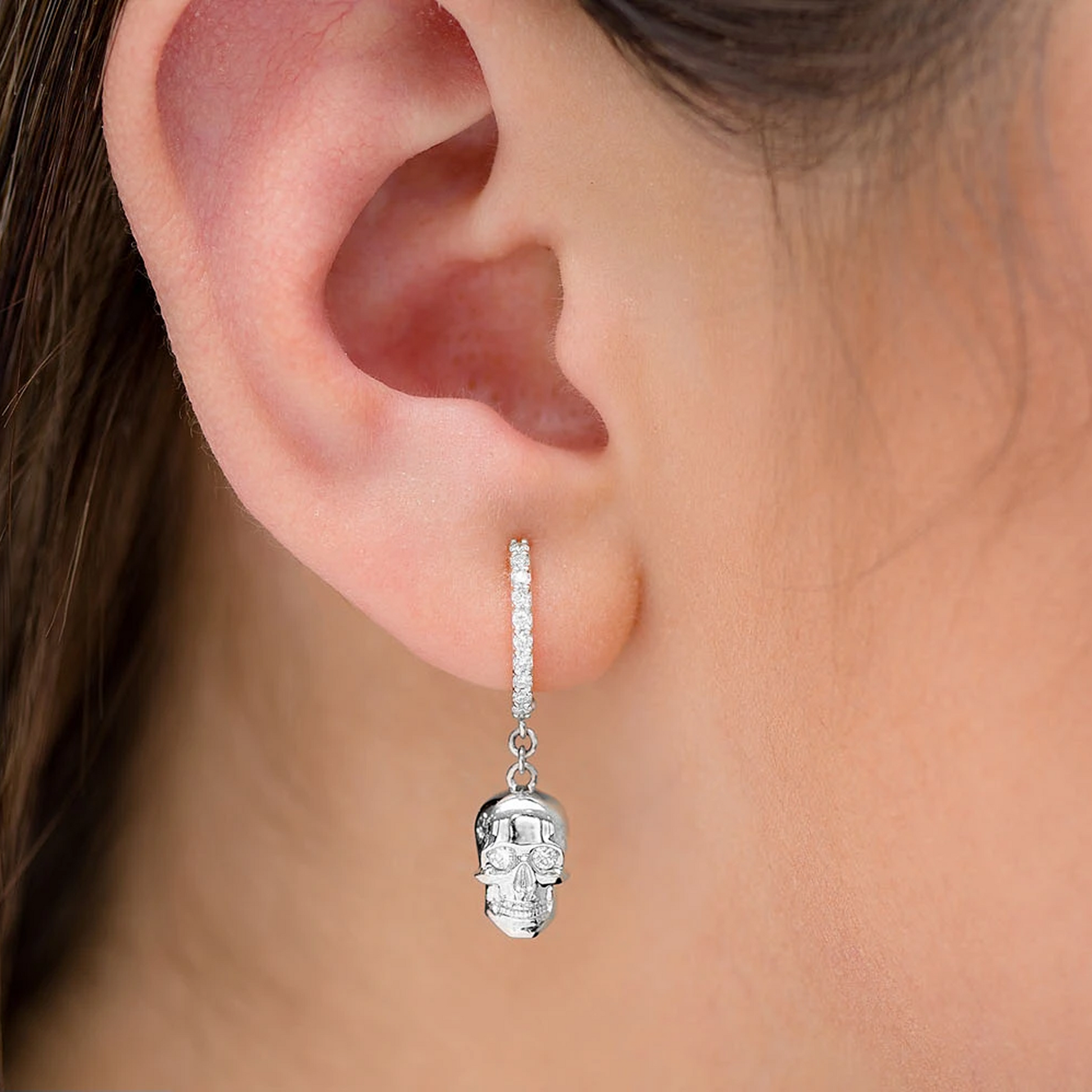 Skull Diamond Hoop Drops in 14K white gold, angled view