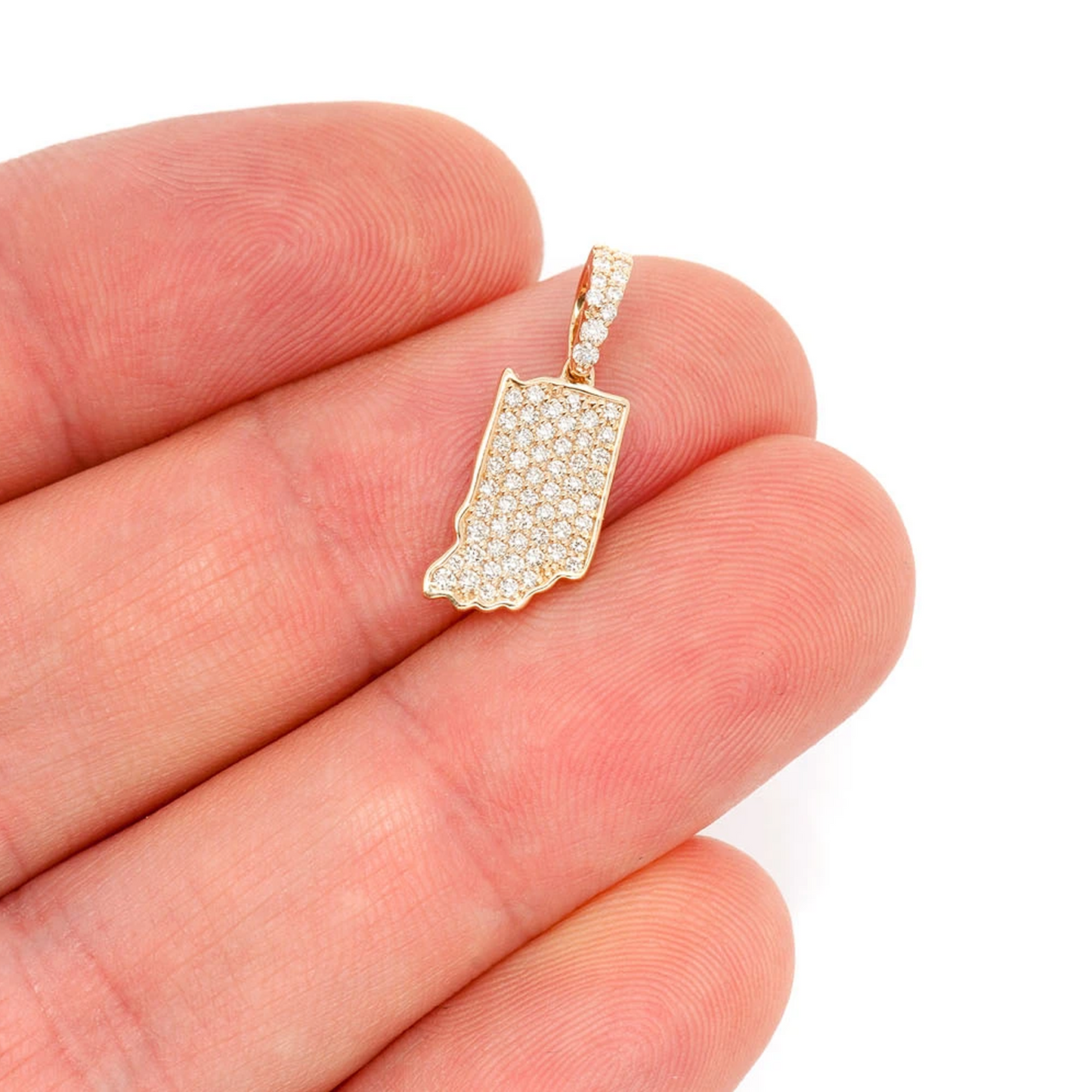 US State Diamond Pendant in 14K yellow gold, Indiana design, angled view