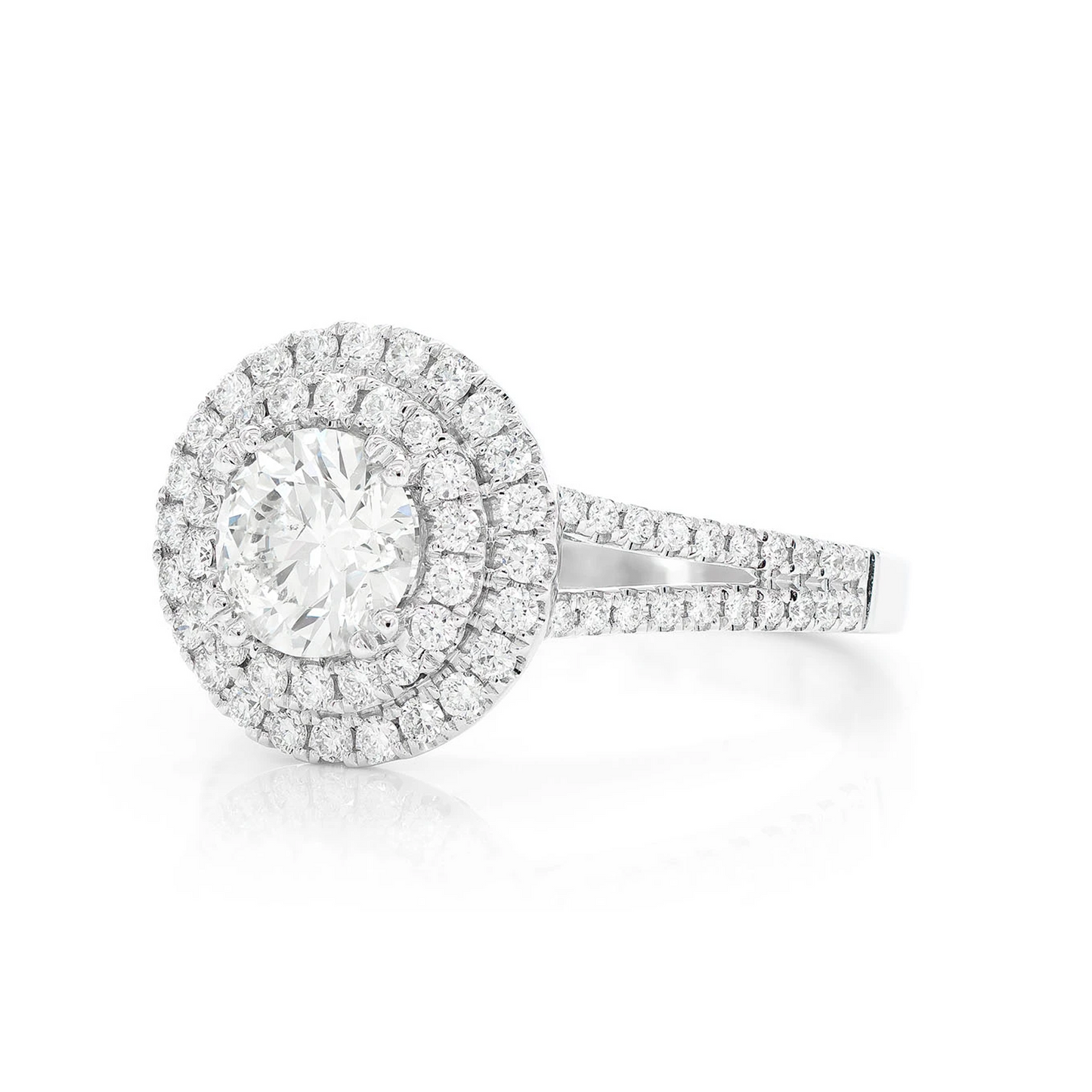 Round Double Halo Split Shank Diamond Ring in 14K white gold, detail view