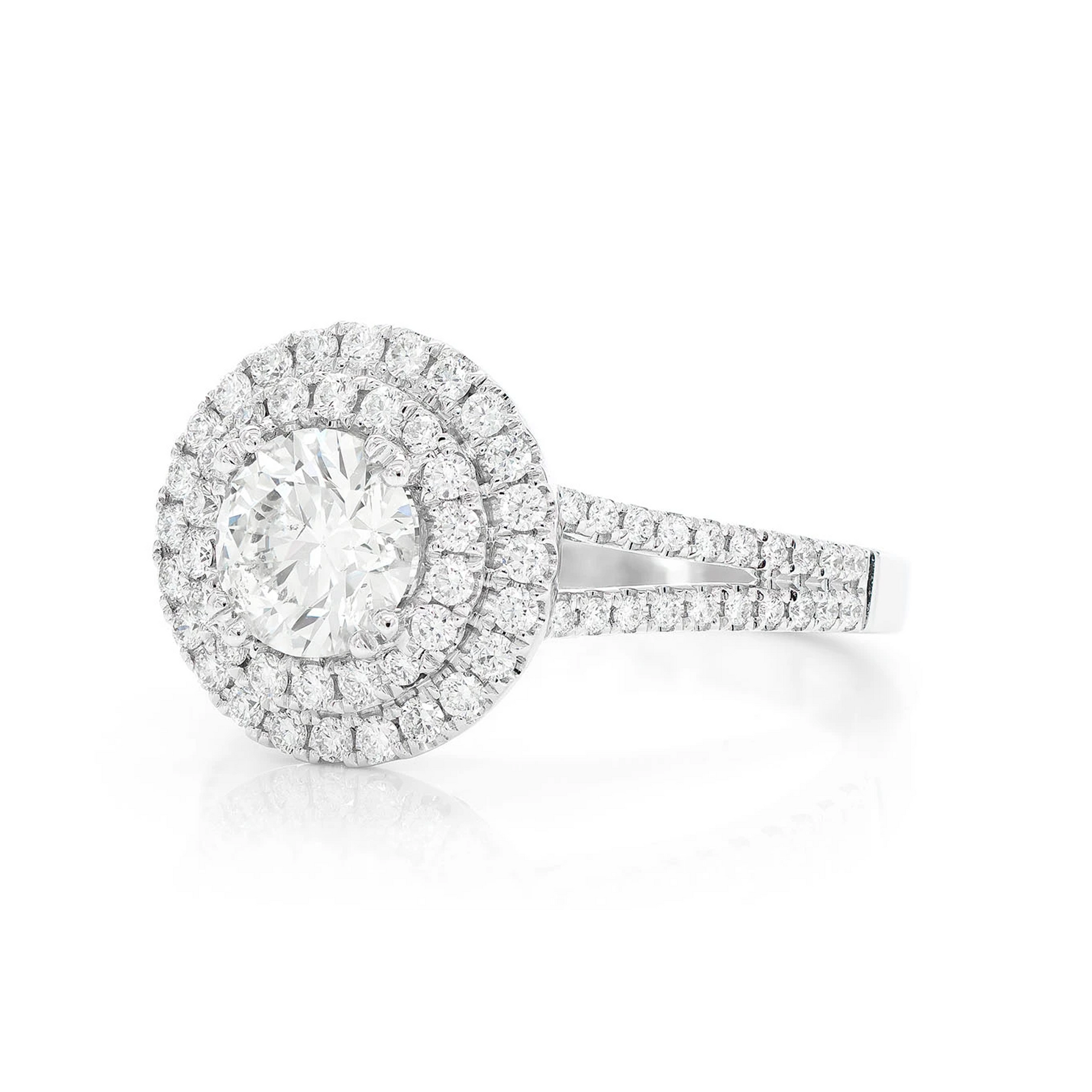 Round Double Halo Split Shank Diamond Ring in 14K white gold, detail view