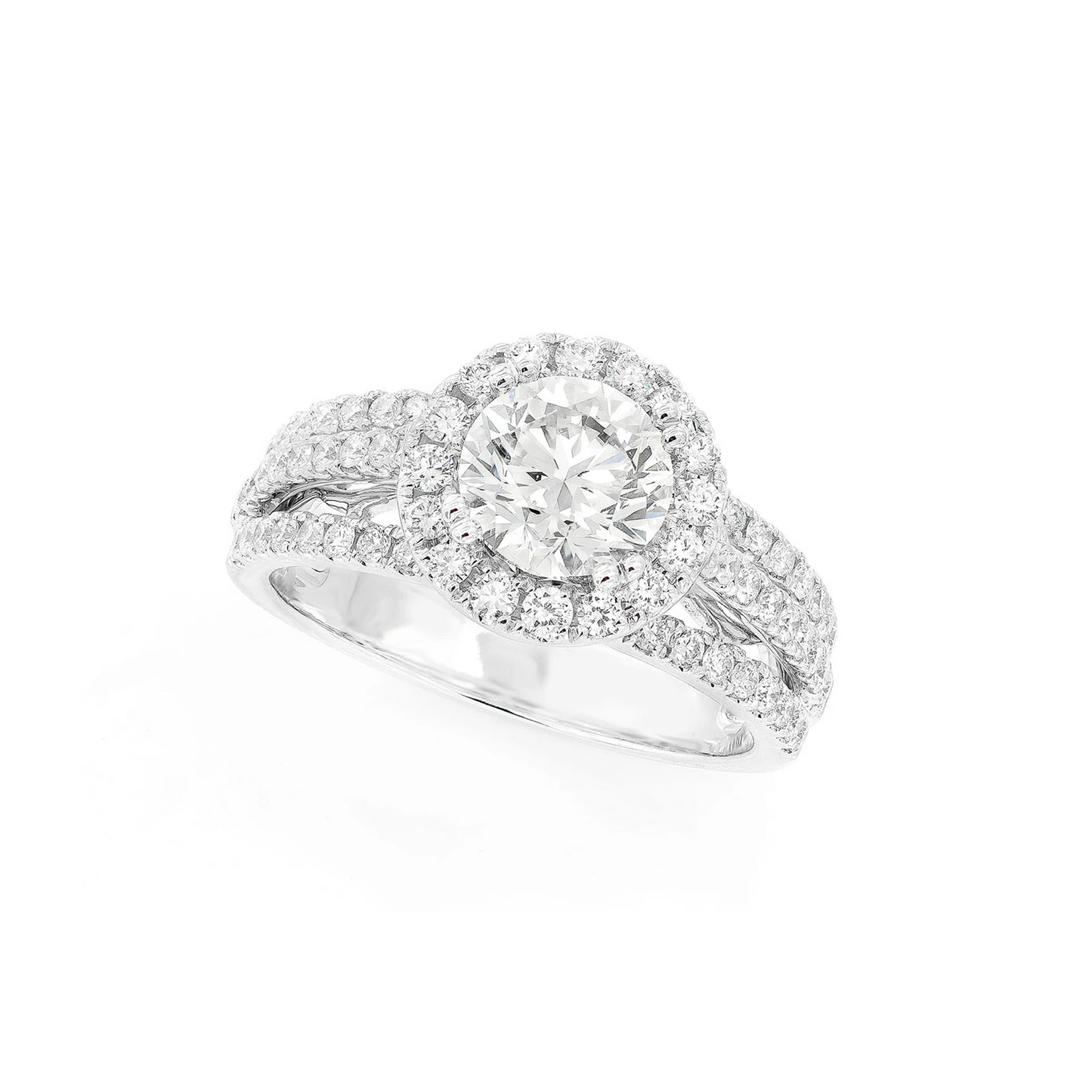 Cathedral Round Halo Ring in 14K white gold, angled view