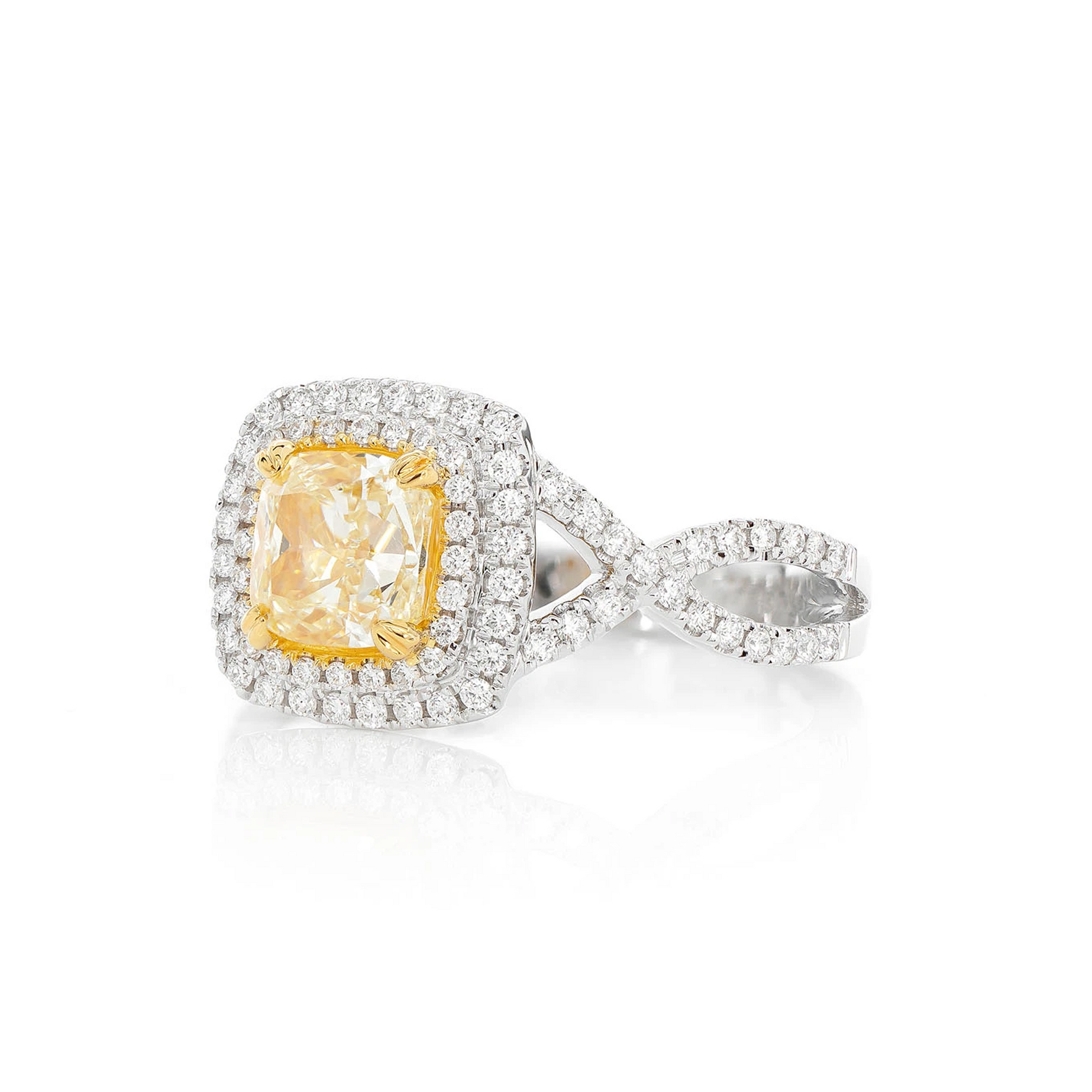 Yellow Diamond Double Halo Engagement Ring in two-tone 14k gold, side view