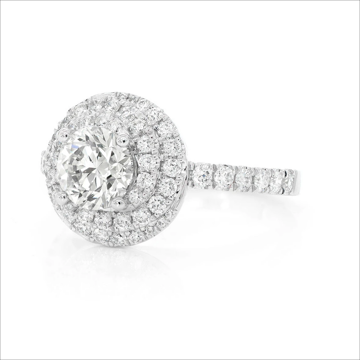 Knotted halo ring in 14K white gold, angled view