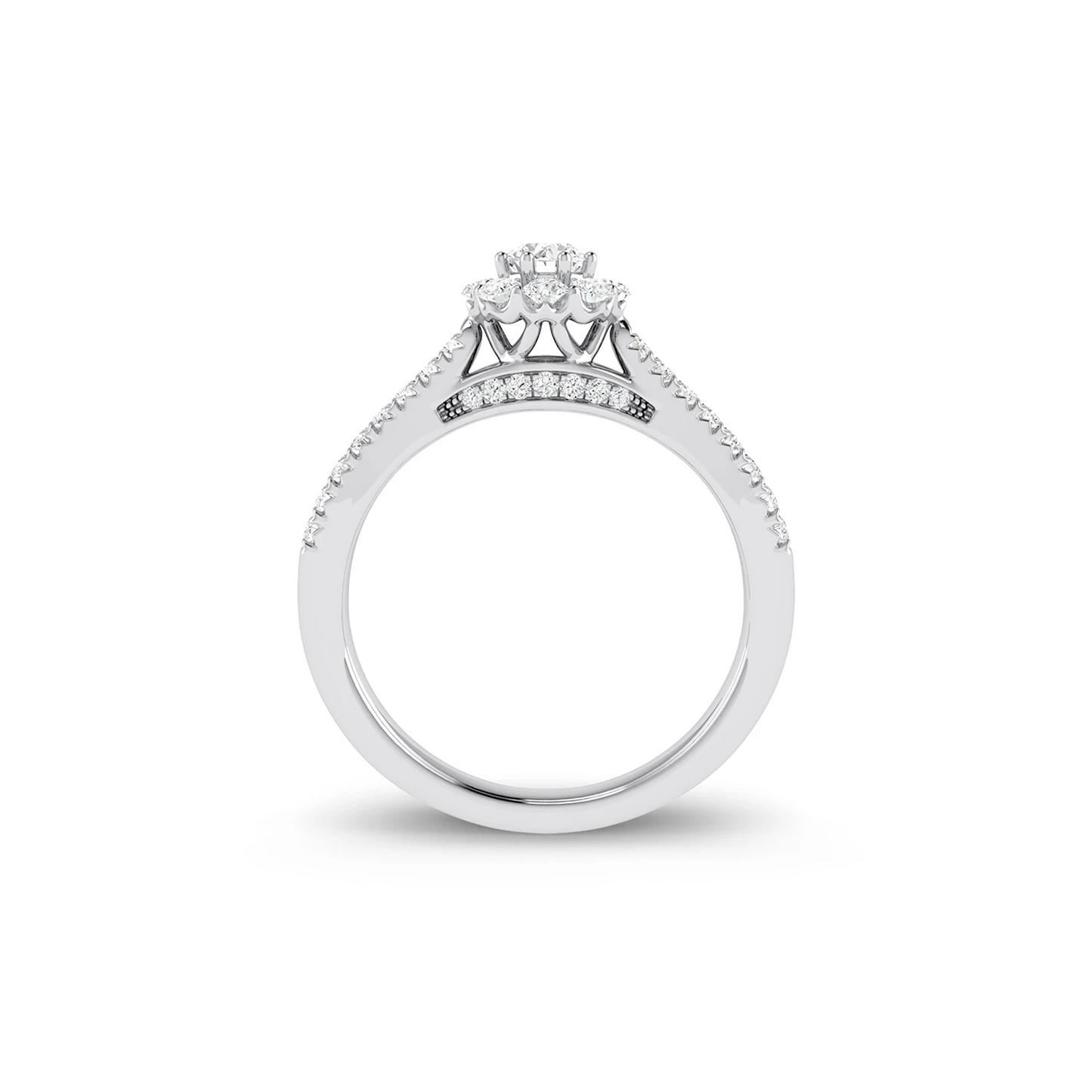 Floral Halo Cluster Diamond Ring in 14K white gold, detail view