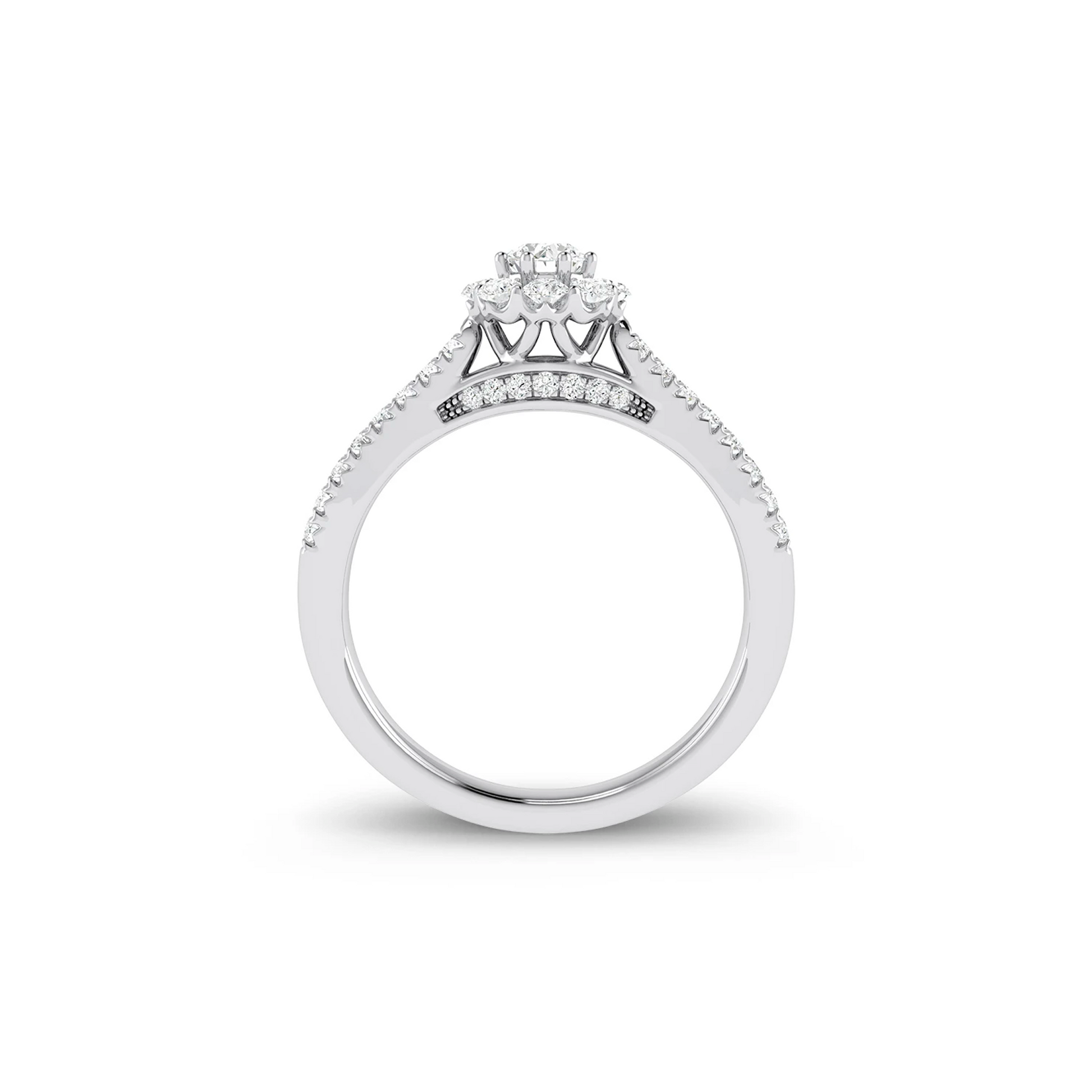 Floral Halo Cluster Diamond Ring in 14K white gold, detail view