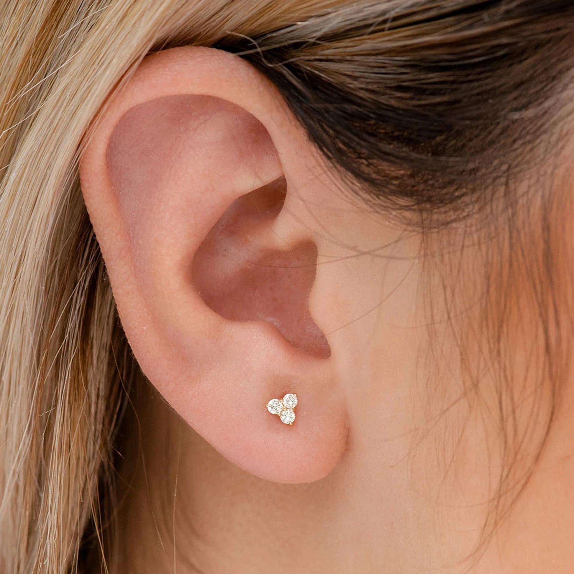 Triangle Diamond Studs in 14K yellow gold, Three-Stone, angled view