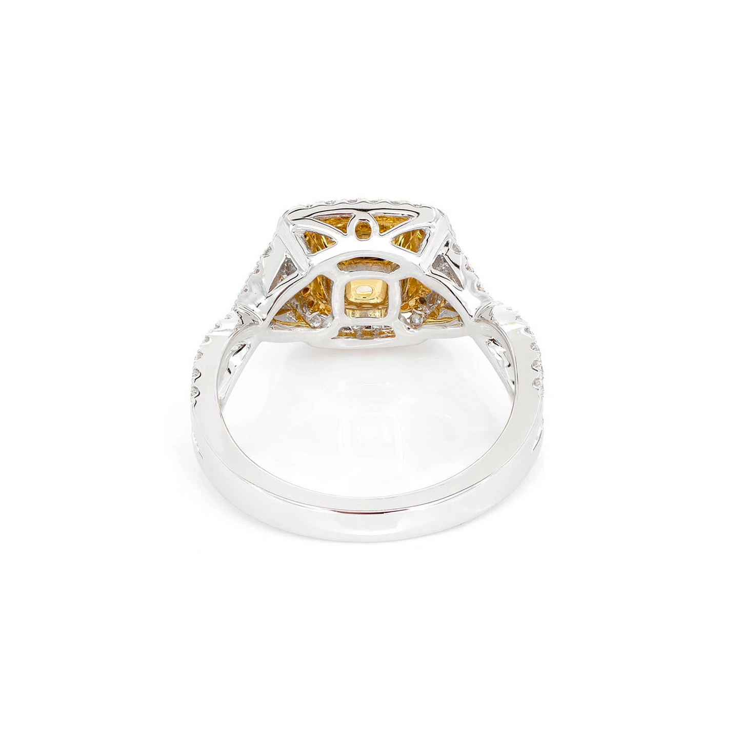 Yellow Diamond Double Halo Engagement Ring in two-tone 14k gold, detail view