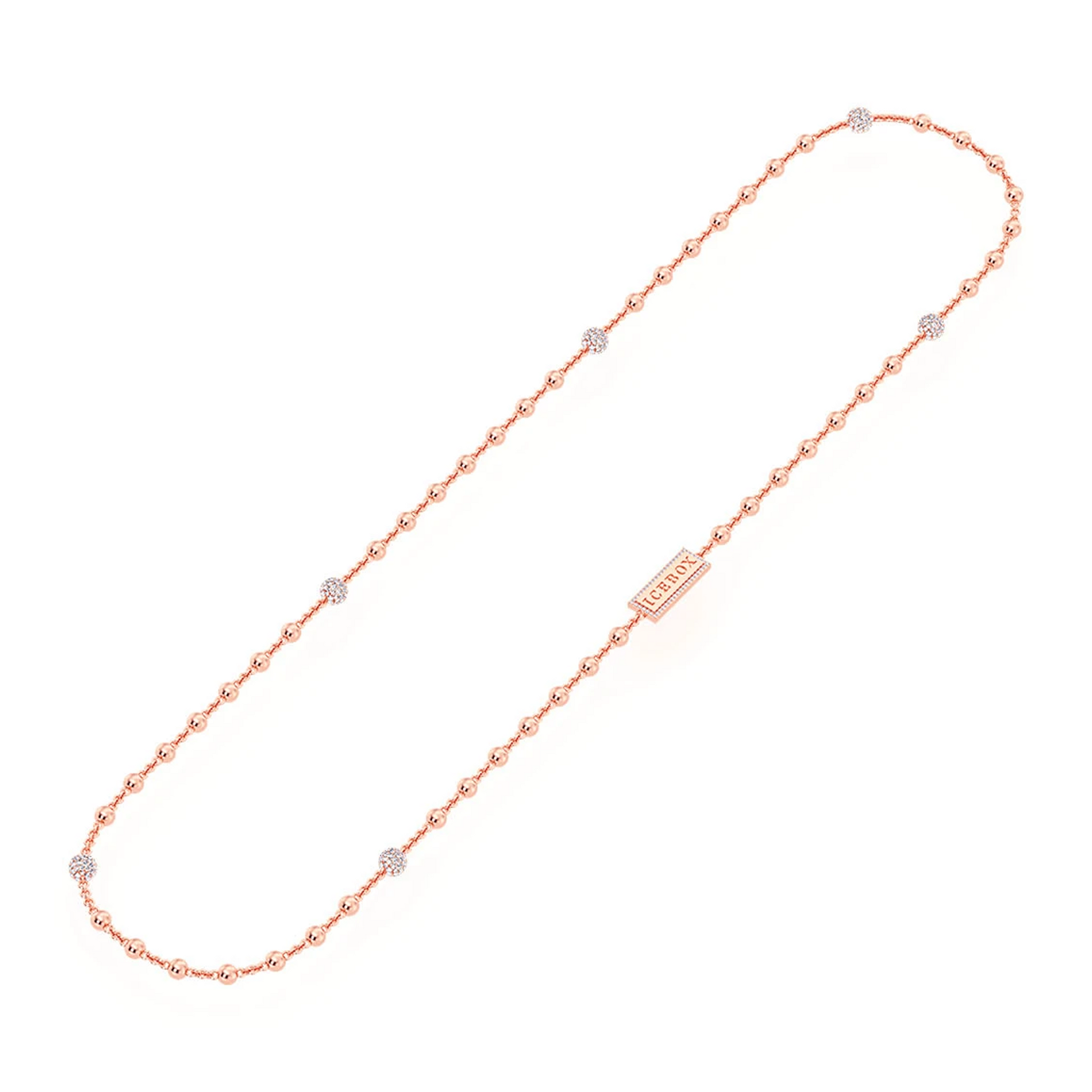 Diamond Bead Rosary Necklace in 14K rose gold, full-length view
