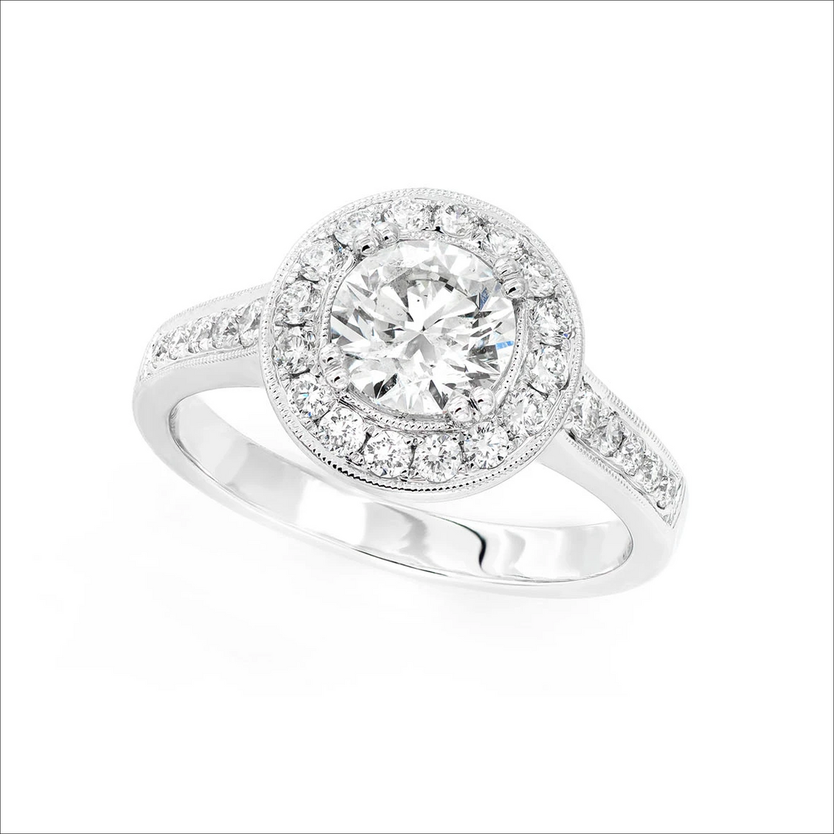 Milgrain halo ring in 14K white gold, angled view