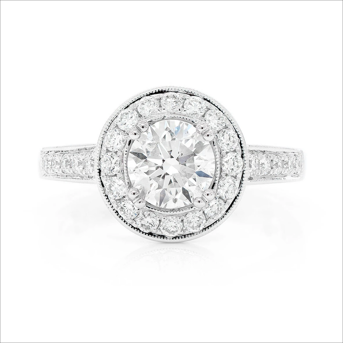 Milgrain halo ring in 14K white gold, front view