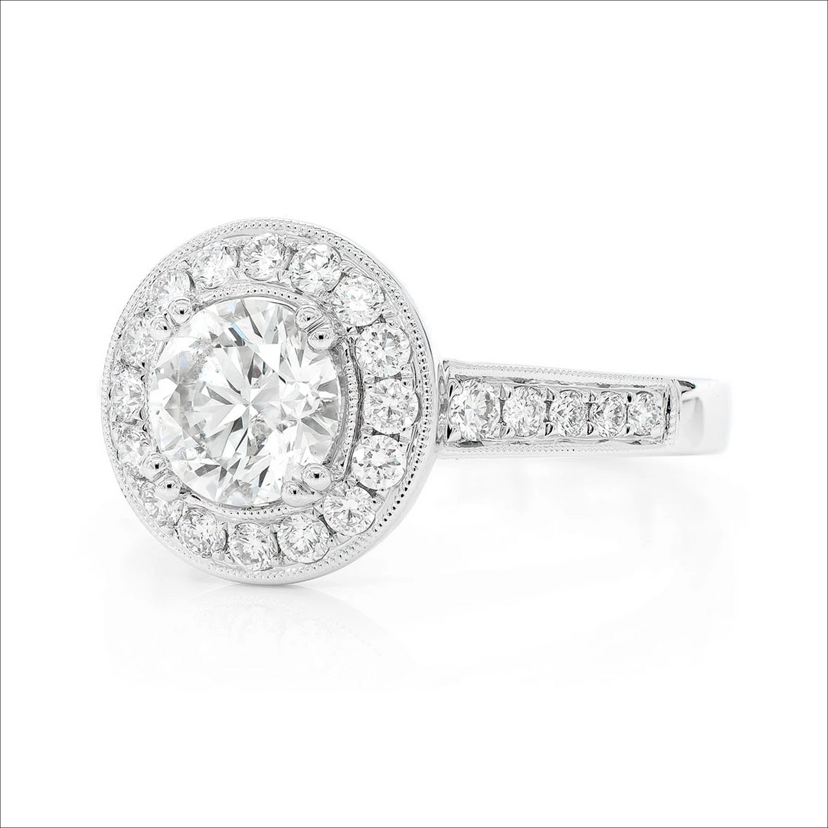 Milgrain halo ring in 14K white gold, side view