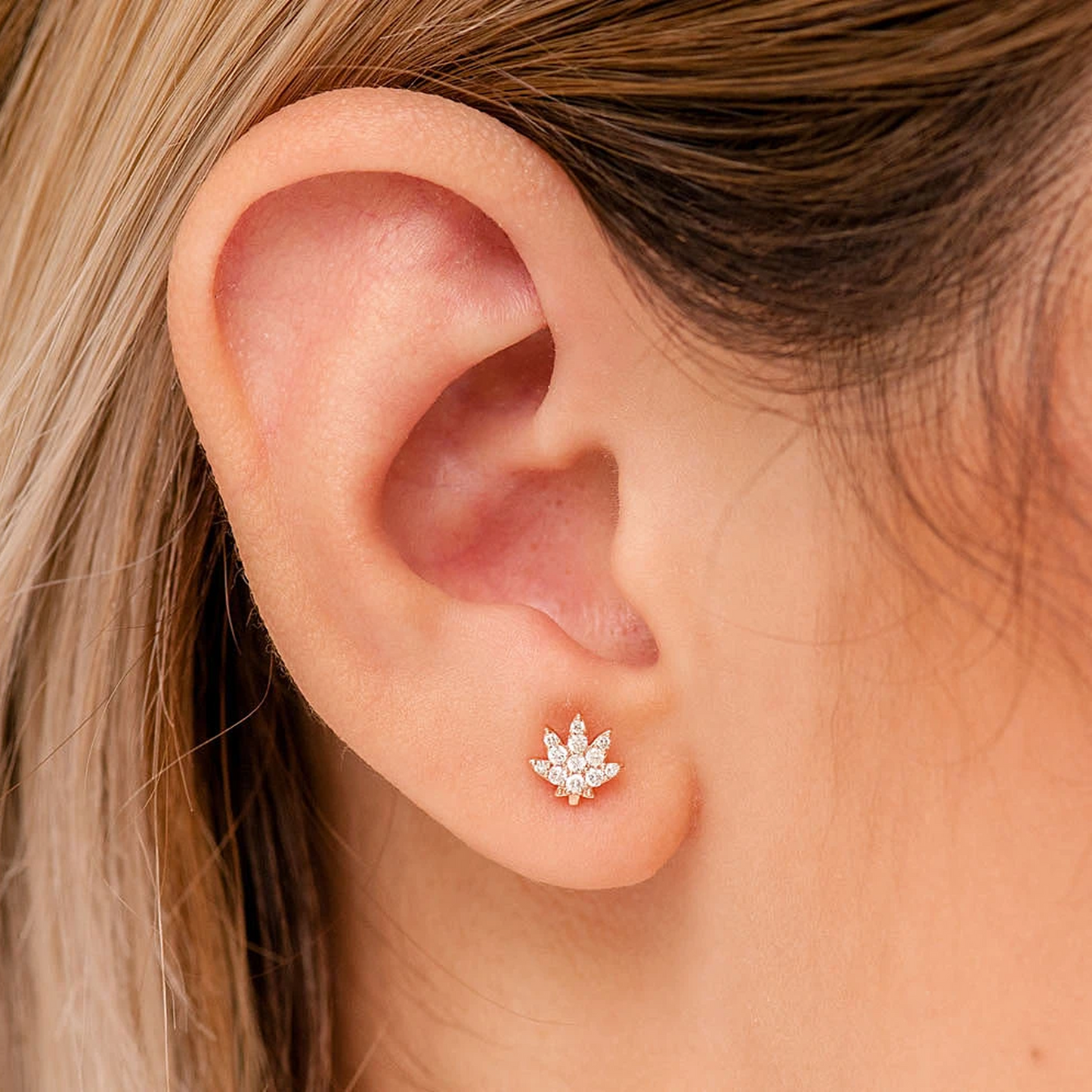 Cannabis Leaf Diamond Studs in 14K yellow gold, Mini, angled view