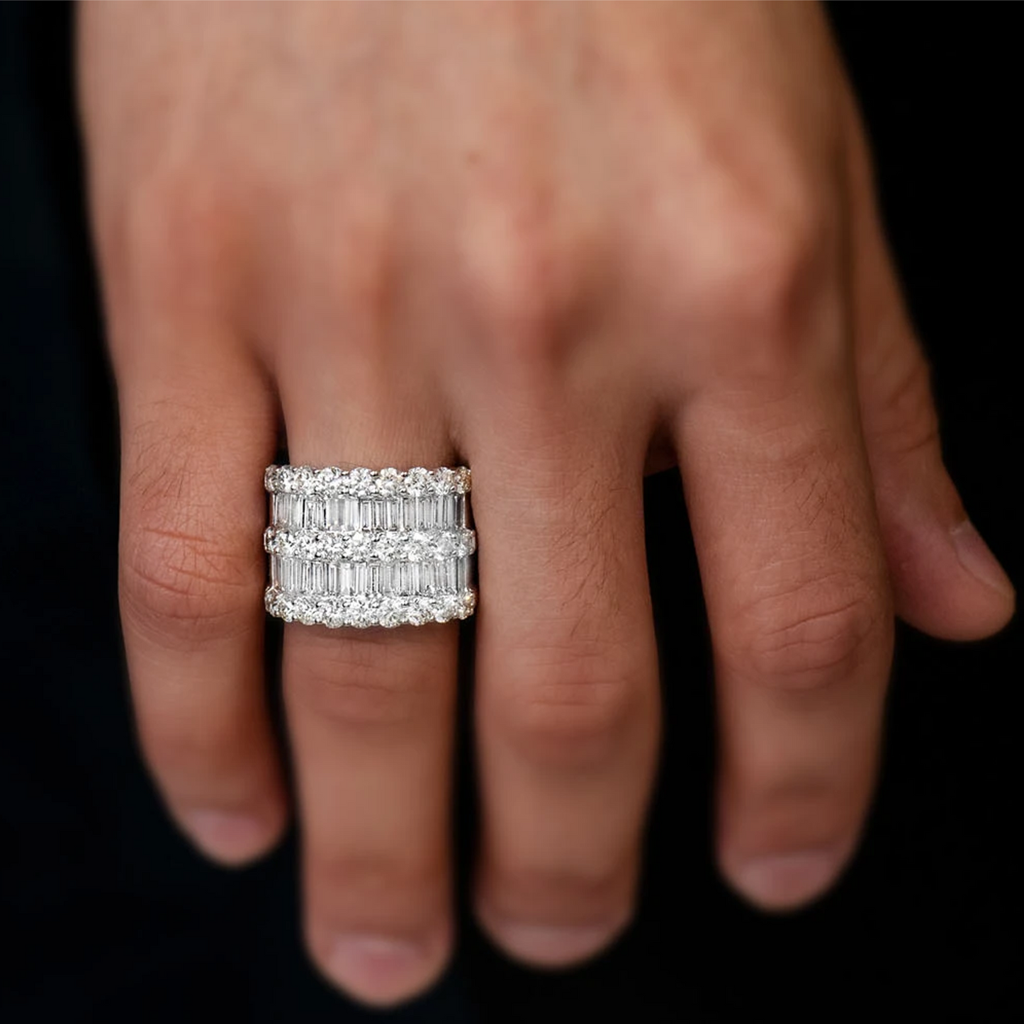 Three Row Round & Baguette Ring in 14K rose gold, worn view