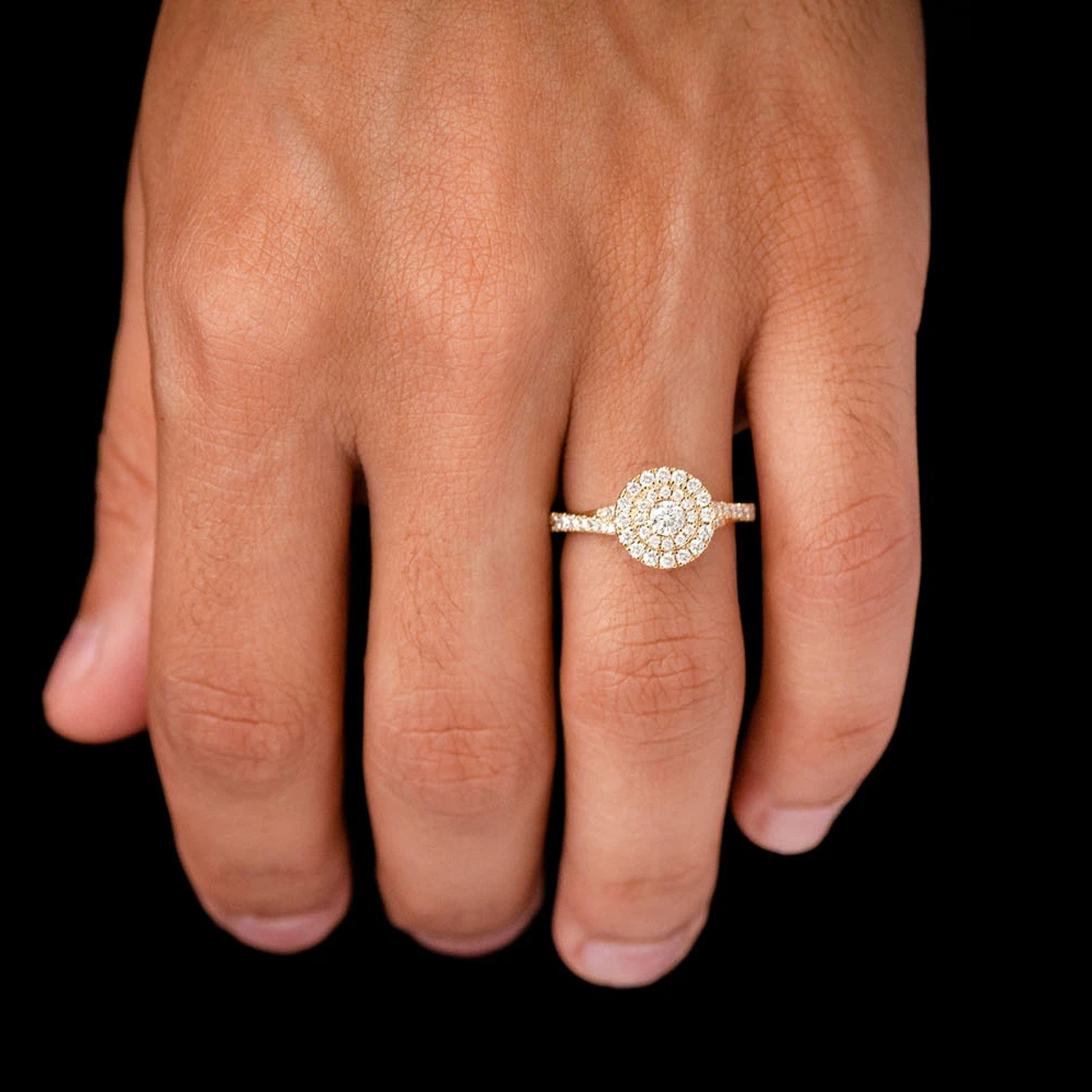 Classic Round Double Halo Diamond Ring in 14K yellow gold, worn view