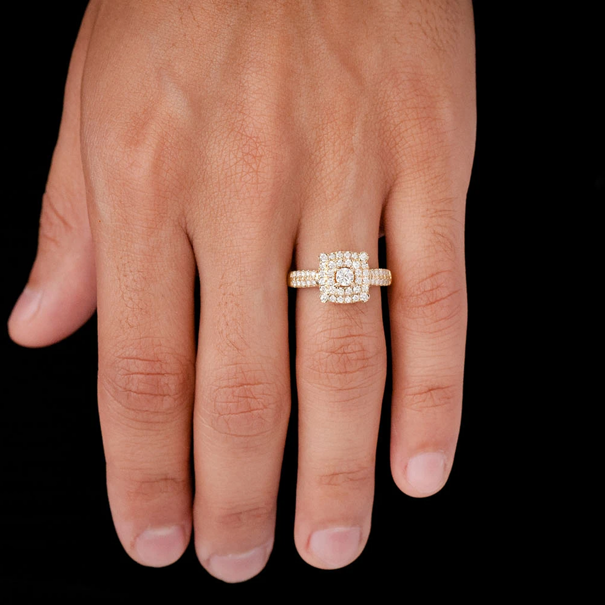 Square Double Halo Diamond Ring in 14K rose gold, worn view