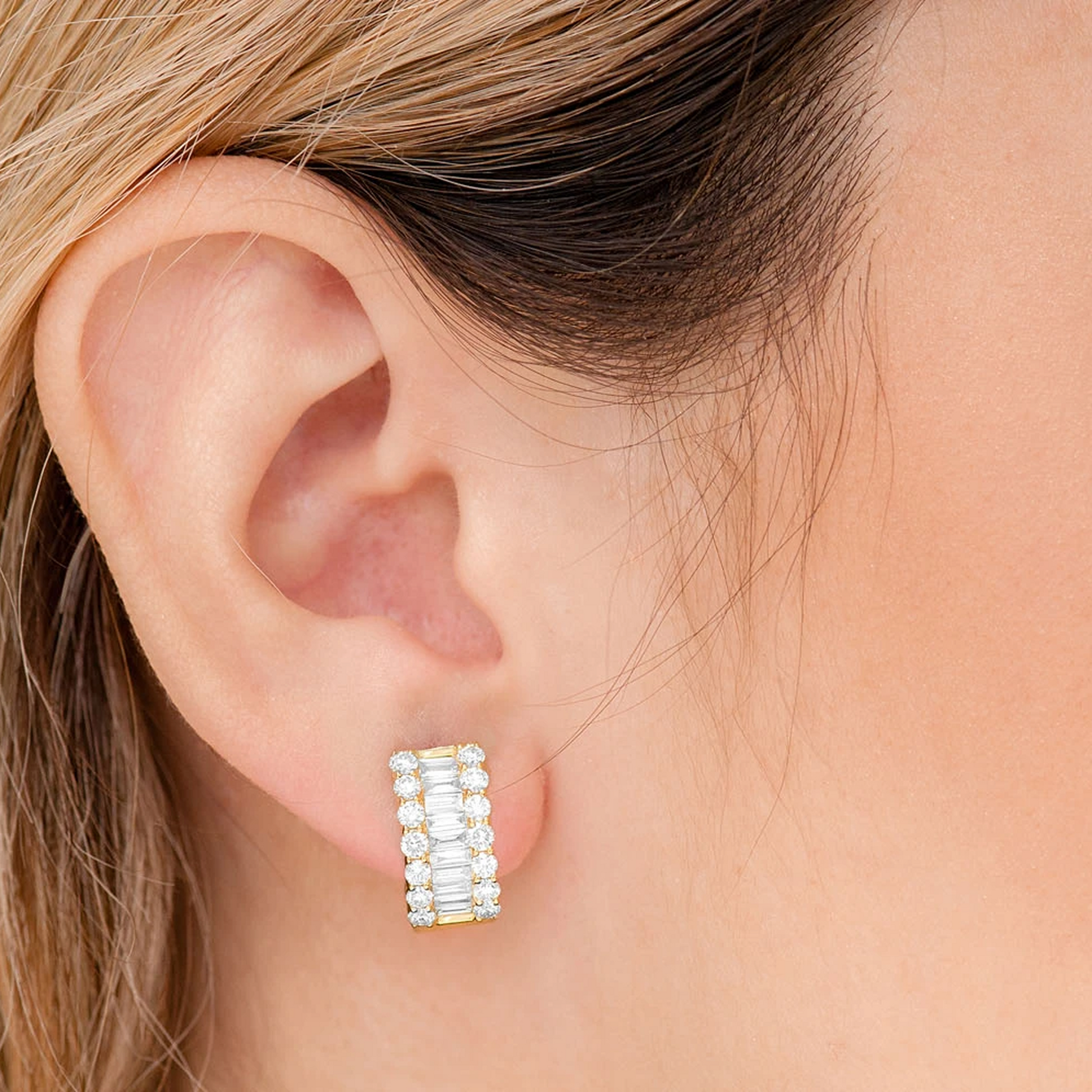 Baguette & Round Diamond Hoop Earrings in 14K yellow gold, worn view