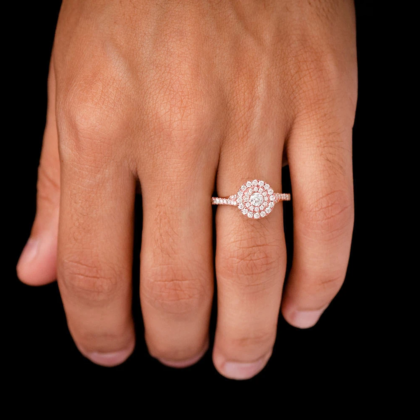 Classic Round Double Halo Diamond Ring in 14K rose gold, worn view