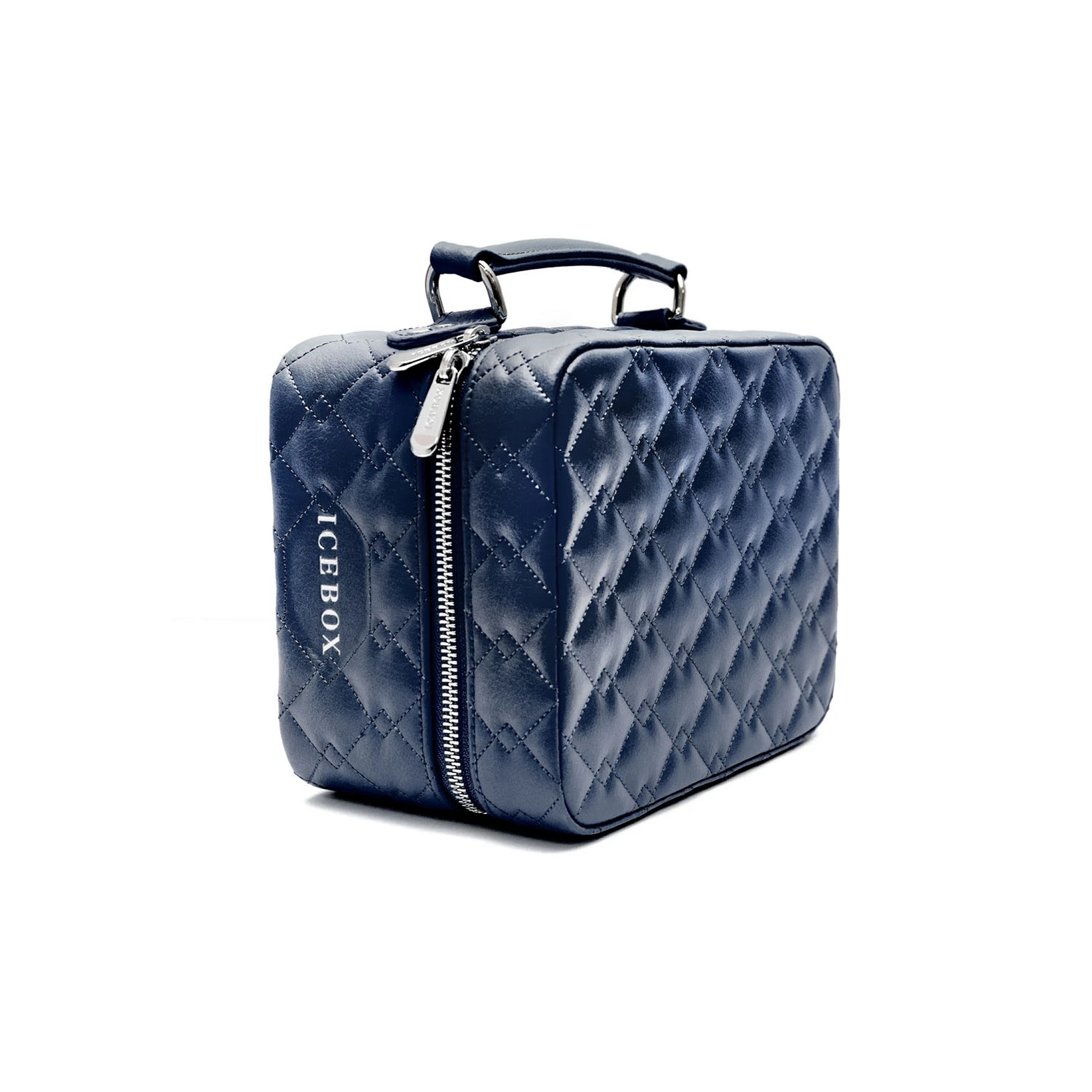Icebox Medium Traveler Case in navy, 4-watch capacity, exterior side view