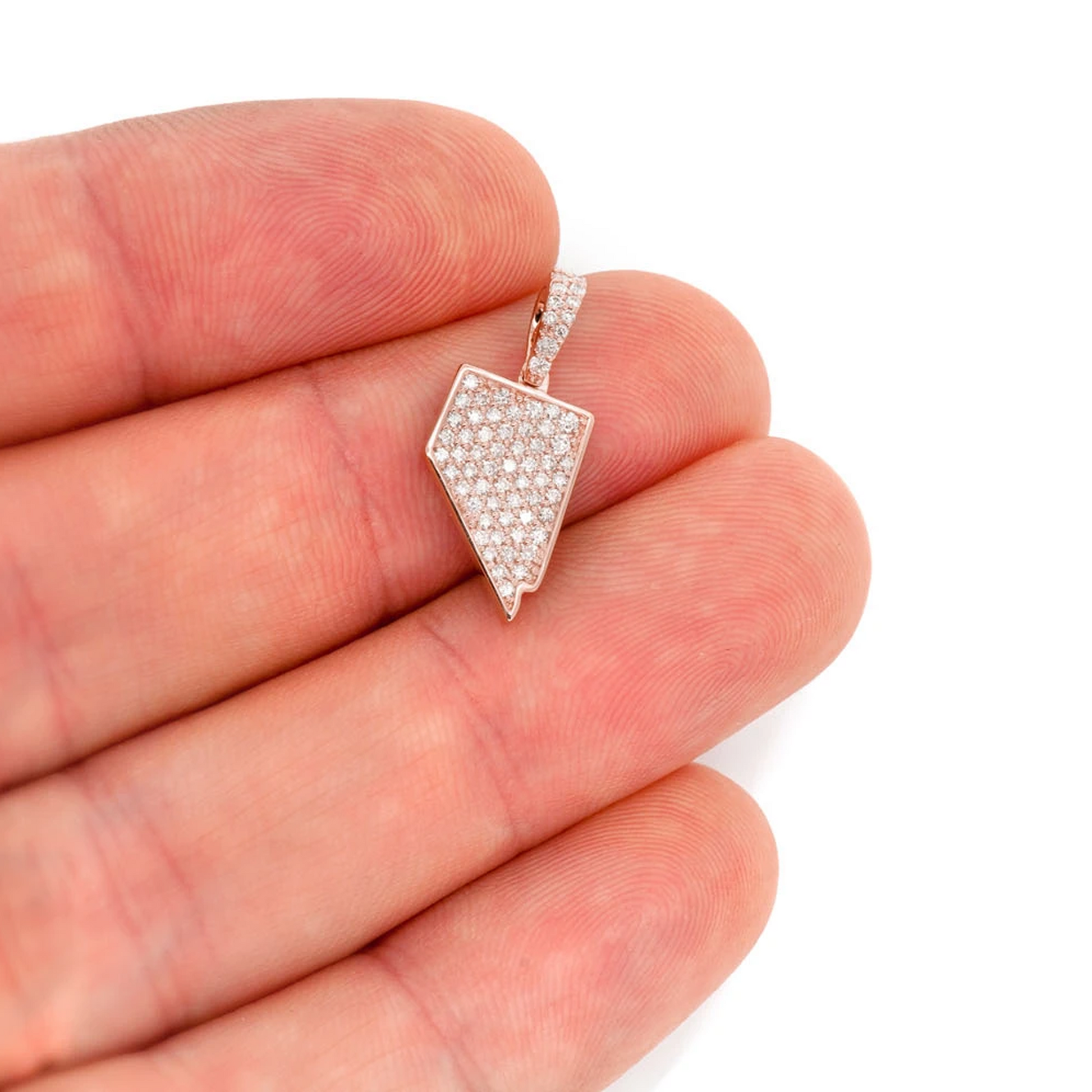 US State Diamond Pendant in 14K rose gold, Nevada design, angled view