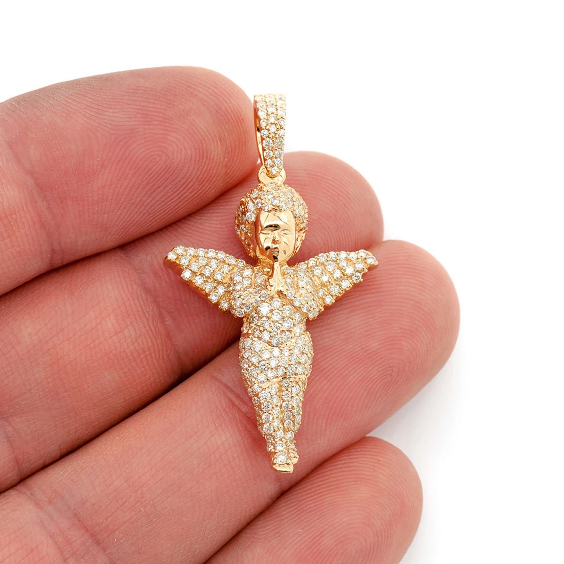 Praying Angel Diamond Pendant in 14K yellow gold, angled view