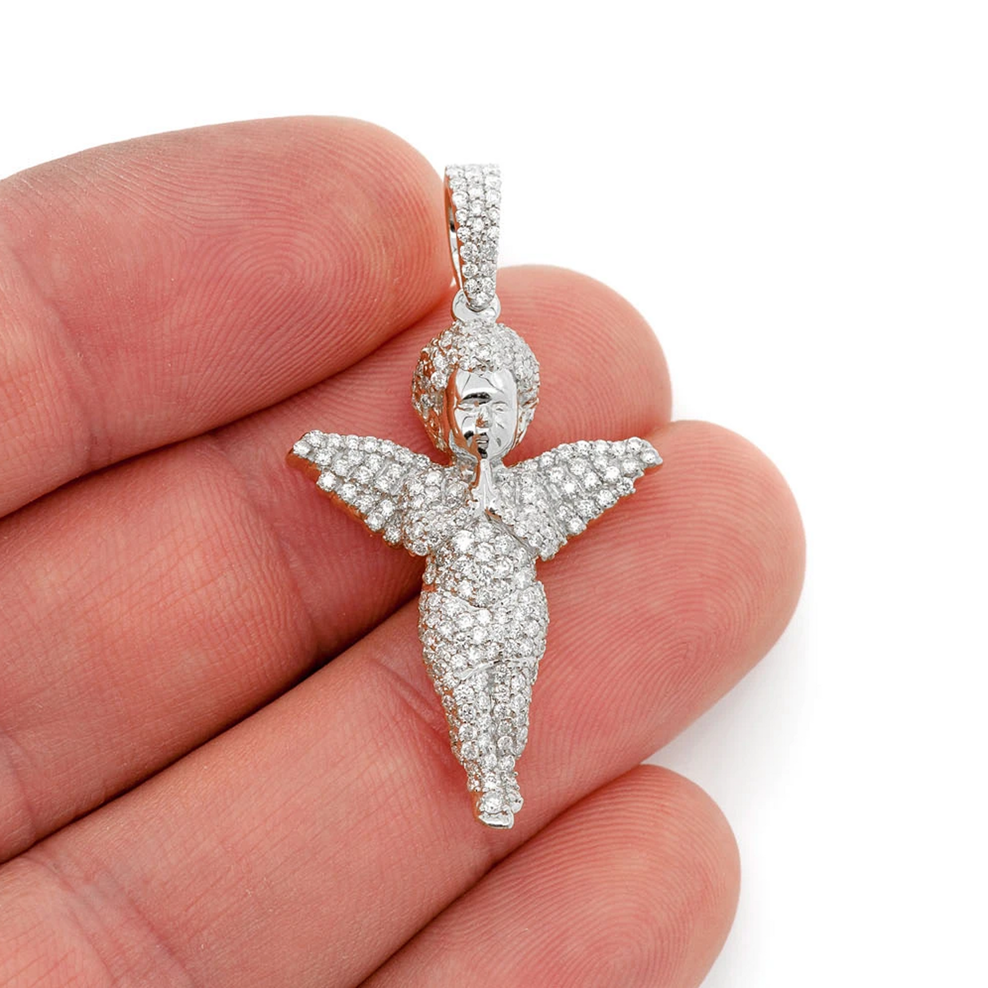 Praying Angel Diamond Pendant in 14K white gold, angled view