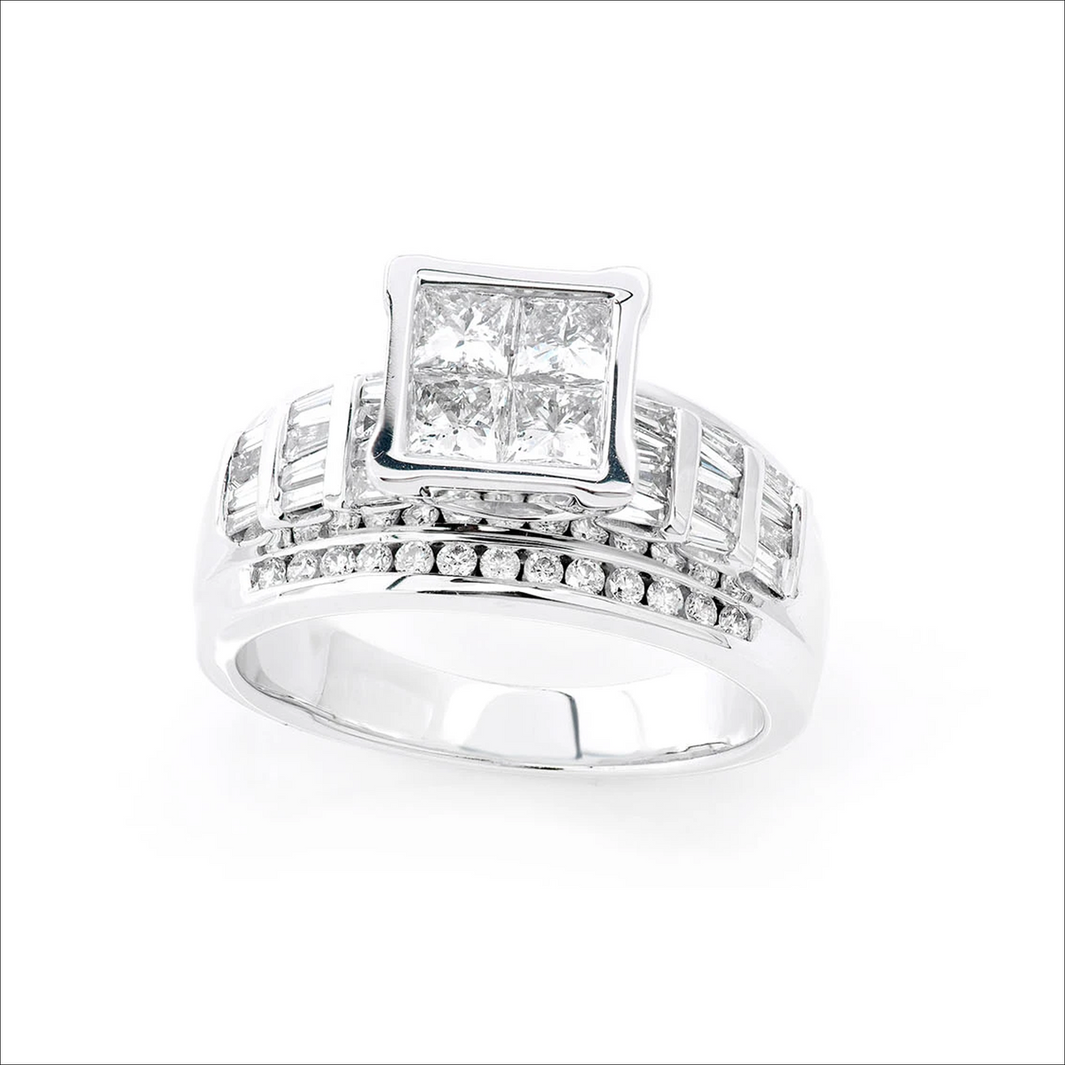 Princess quad engagement ring in 14K white gold, angled view
