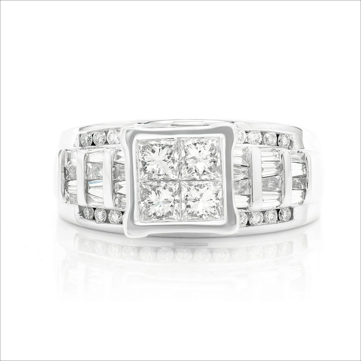 Princess quad engagement ring in 14K white gold, front view