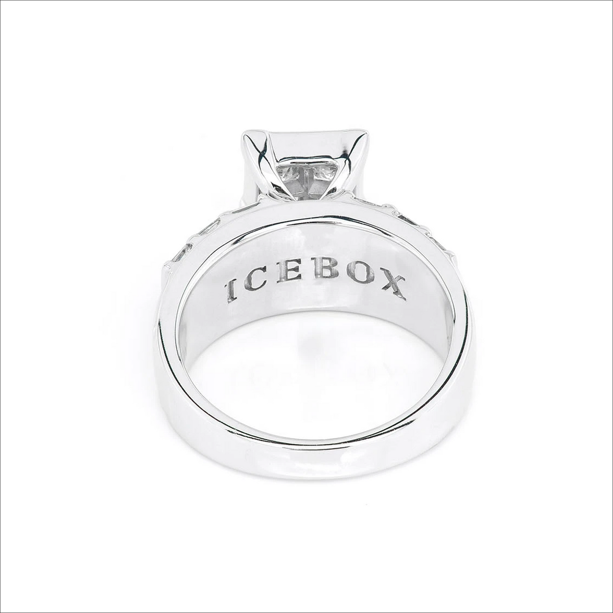 Princess quad engagement ring in 14K white gold, interior view