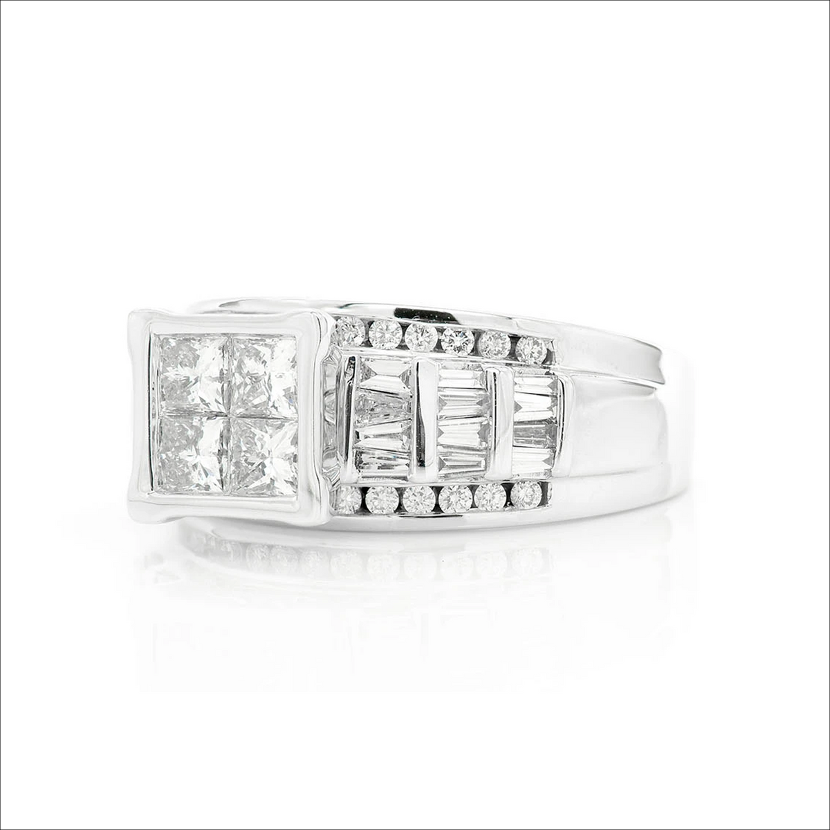 Princess quad engagement ring in 14K white gold, side view