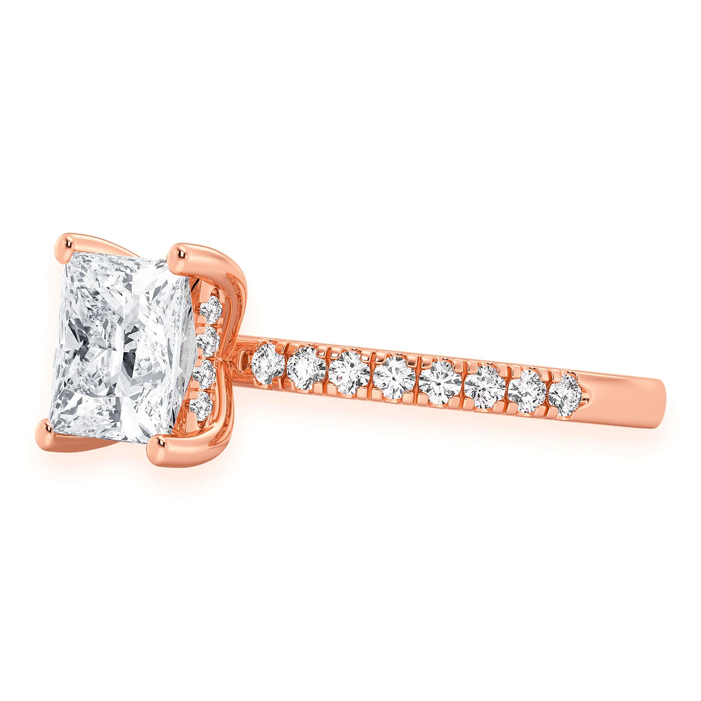 Princess Cut One Row Under Halo Ring in 14K rose gold, detail view