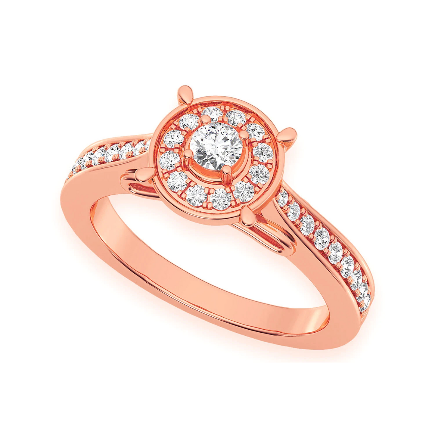 Round Halo Diamond Engagement Ring in 14K rose gold, angled view