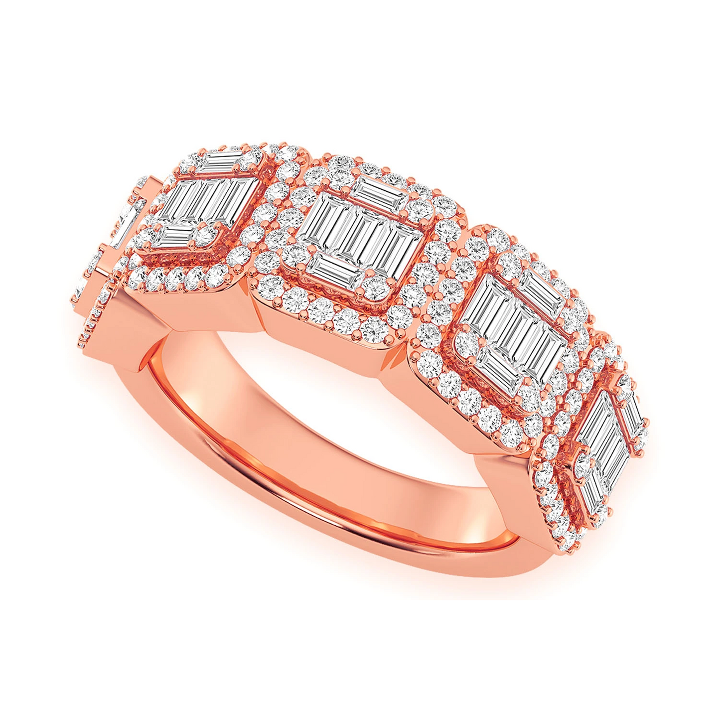 Baguette & Round Diamond Band Ring in 14K rose gold, angled view
