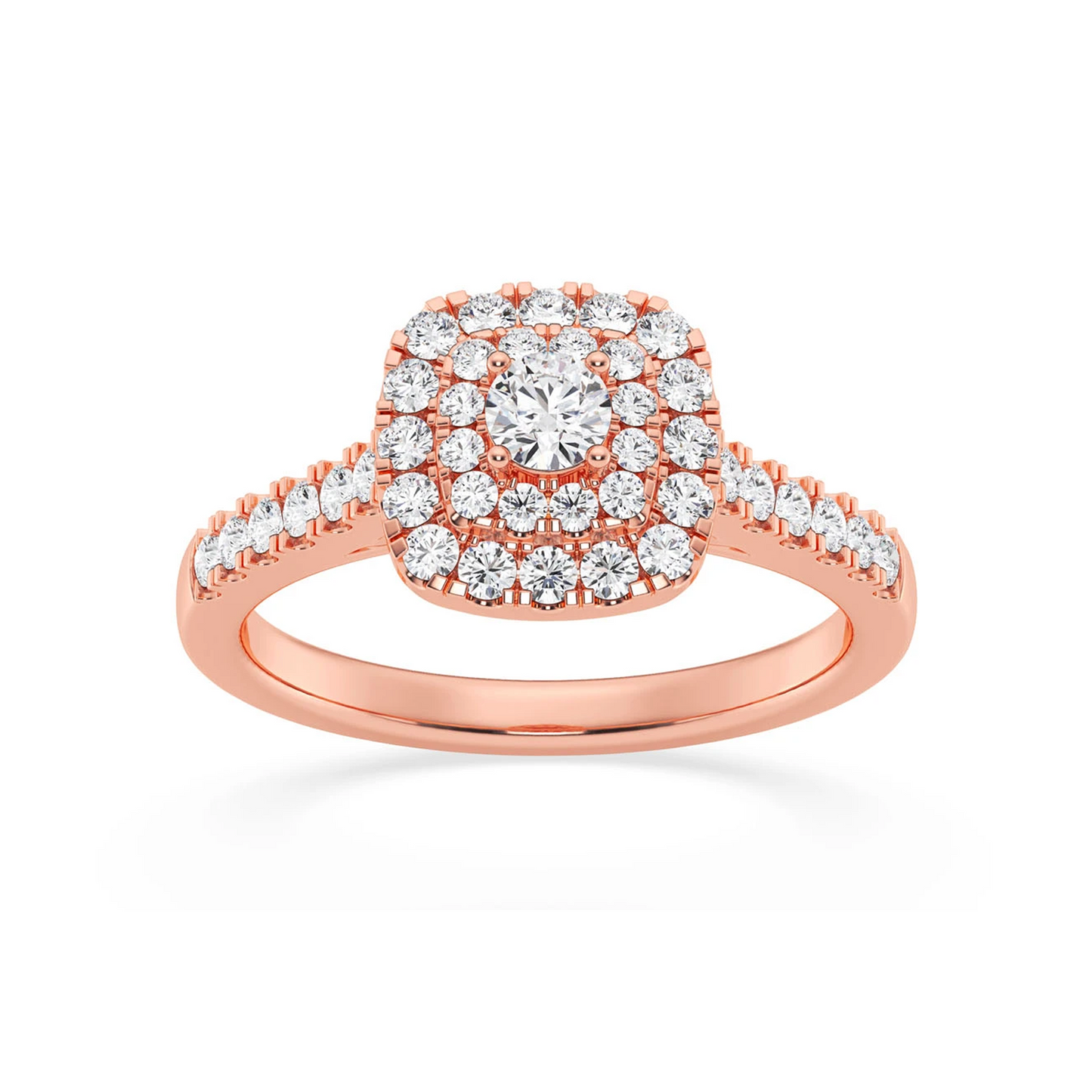 Three Layer Square Halo Engagement Ring in 14K rose gold, angled view